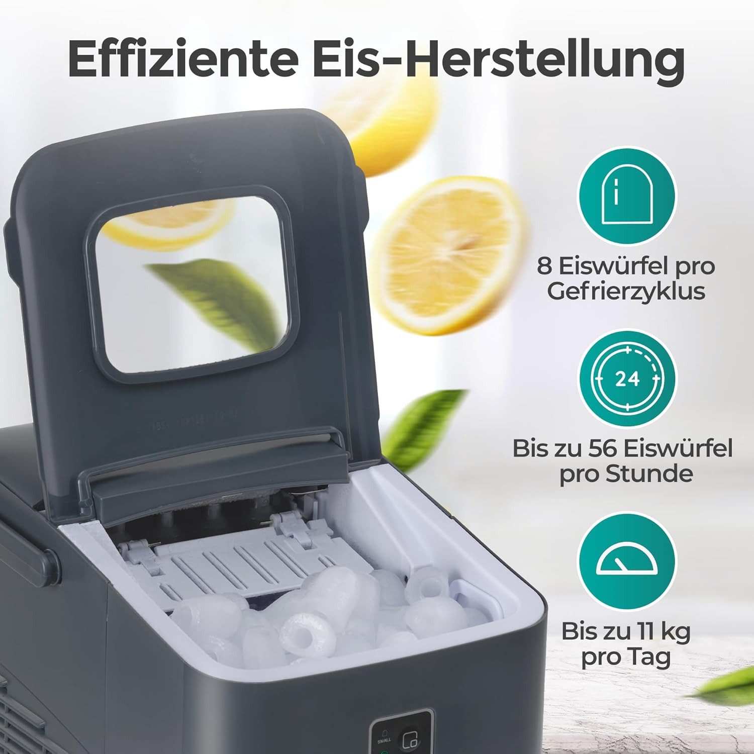 KLAMER Eiswürfelmaschine 11kg/24h, 8 Eiswürfel in 8 Min, 1L Wassertank, 2 Größen, leise Ice Ma…, 120W, 1L Wassertank, Signallampe, mit Eisschaufel, Tragegriff