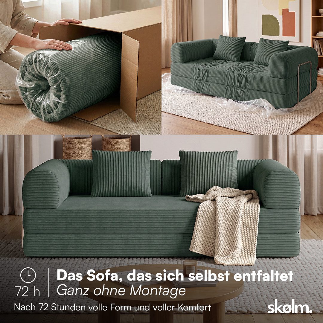 skølm Sofa & Sessel Lofn aus Vollschaum Cord, umwandelbar zum Schlafsofa/-Sessel, Dunkelgrün, Cordsofa 200 cm breit, 2 Sitzer, kein Aufbau erforderlich, vakuumi – Bild 3 von 5