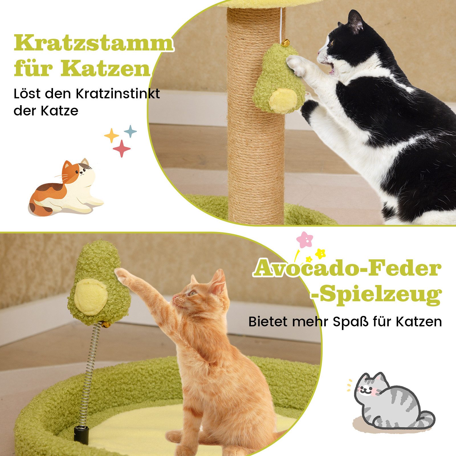 COSTWAY Kratzbaum, mit Katzenbett & Federspielzeug, 50x35x42 cm