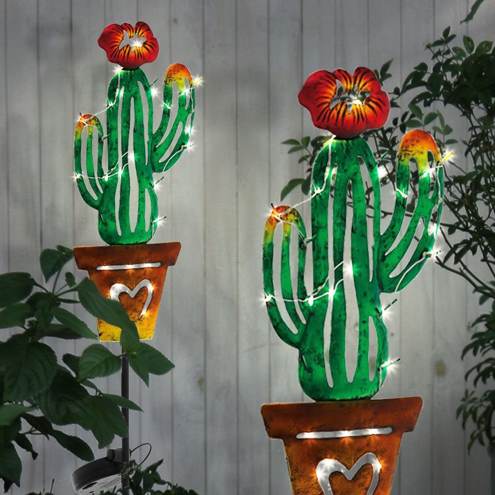 etc-shop LED Solarleuchte, Solar 2er Steck Leuchte Kaktus Garten Warmweiß, Design Set fest verbaut, LED-Leuchtmittel LED Außen