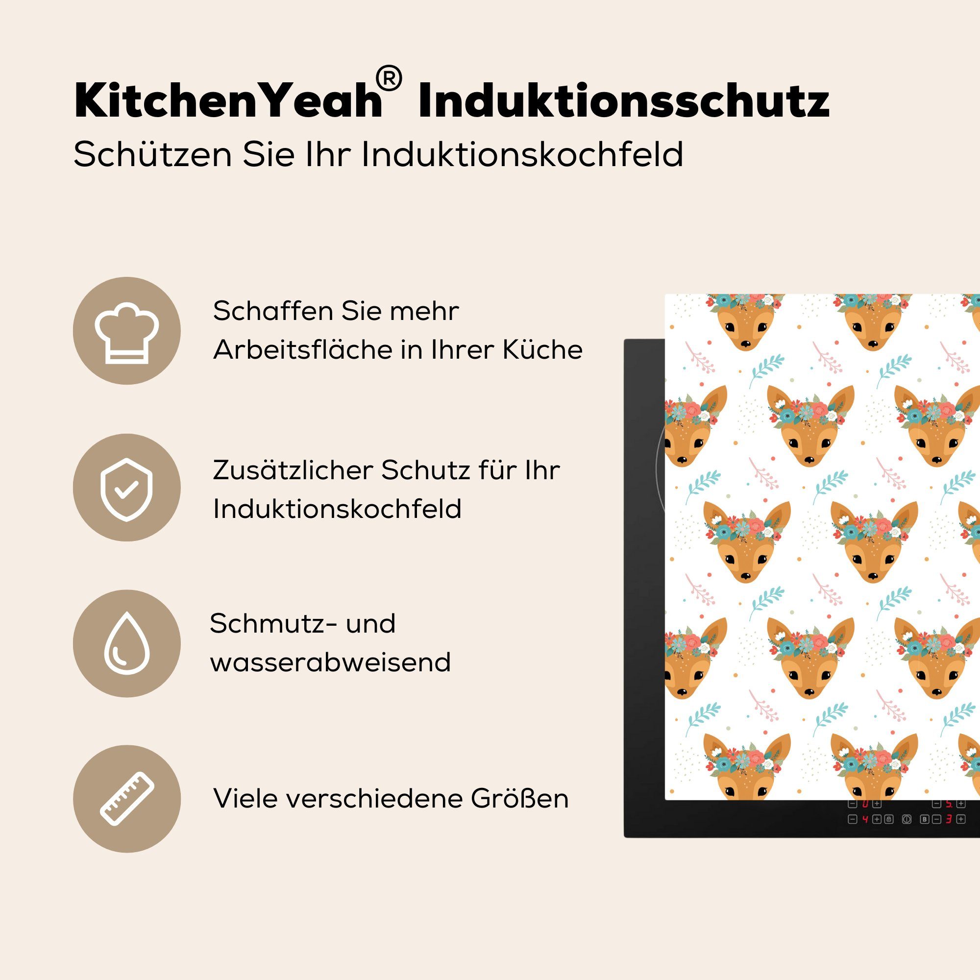 MuchoWow Herdblende-/Abdeckplatte Hirsche - Design, 78x78 - küche Vinyl, für cm, tlg), Blumen Arbeitsplatte (1 Blätter Ceranfeldabdeckung, 