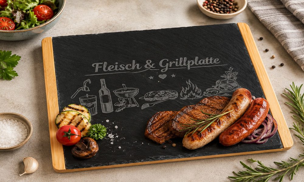 Trollingshop Servierbrett Grill- und Fleischplatte Schiefer mit Bambusrahmen, Schiefer, (ein Hingucker auf jedem Essenstisch), Fleischservierbrett, Präsentation von Grillfleisch