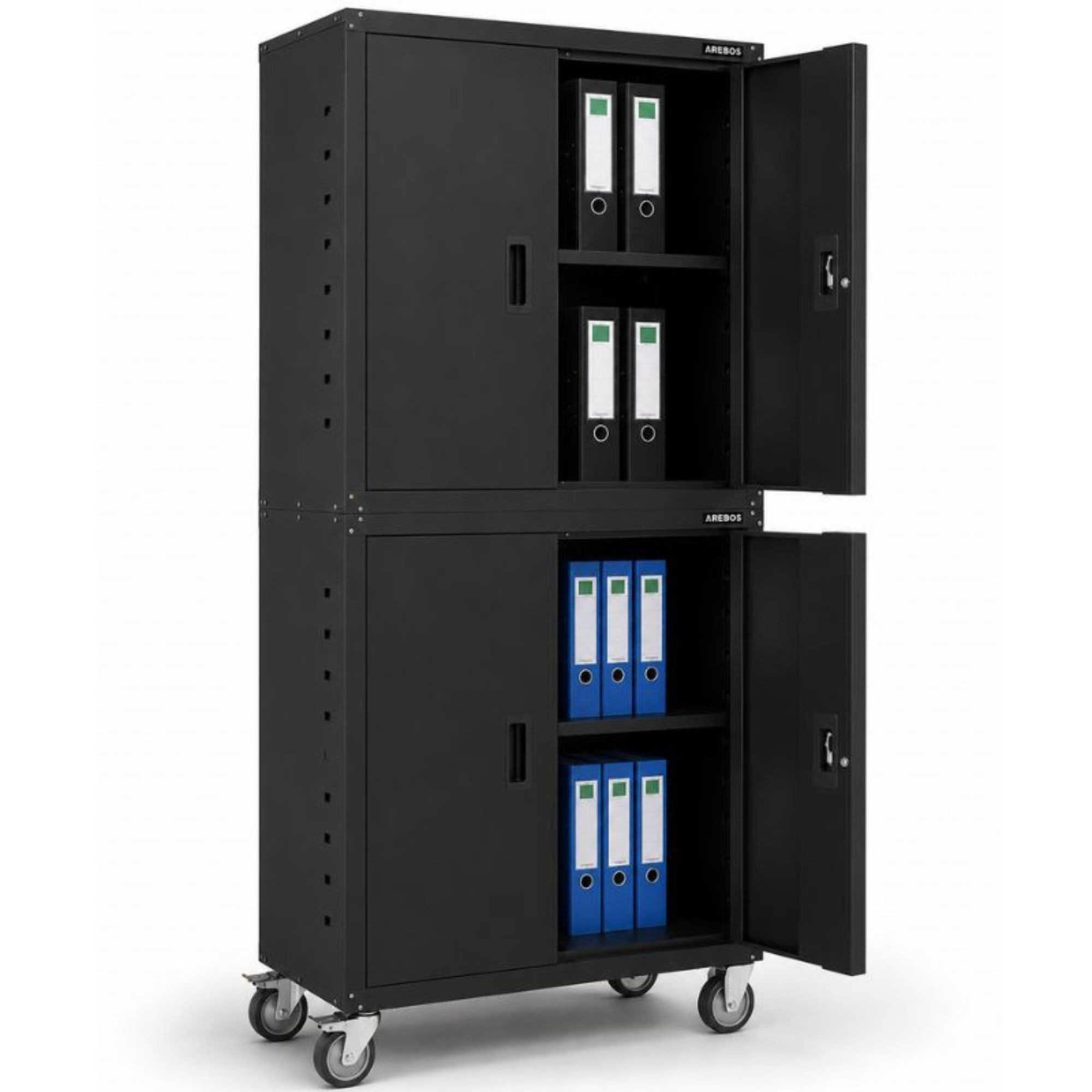 Arebos Aktenschrank 2er Set 180x90x40 cm – 4 Türen, abschließbar, mit Rädern pulverbeschichteter Stahl