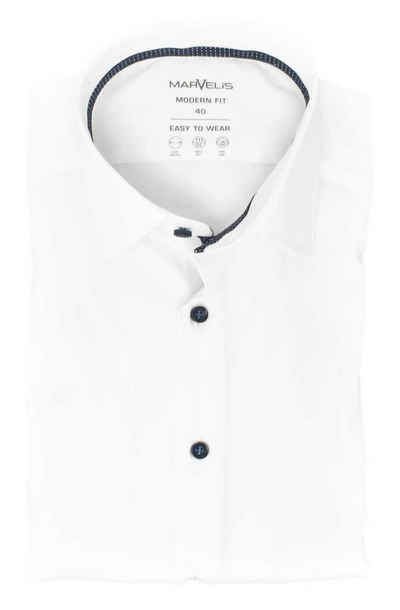 MARVELIS Businesshemd »Easy To Wear Hemd - Modern Fit - Langarm - Einfarbig - Weiß« 2-Wege Stretch, mit Kontrastknöpfen
