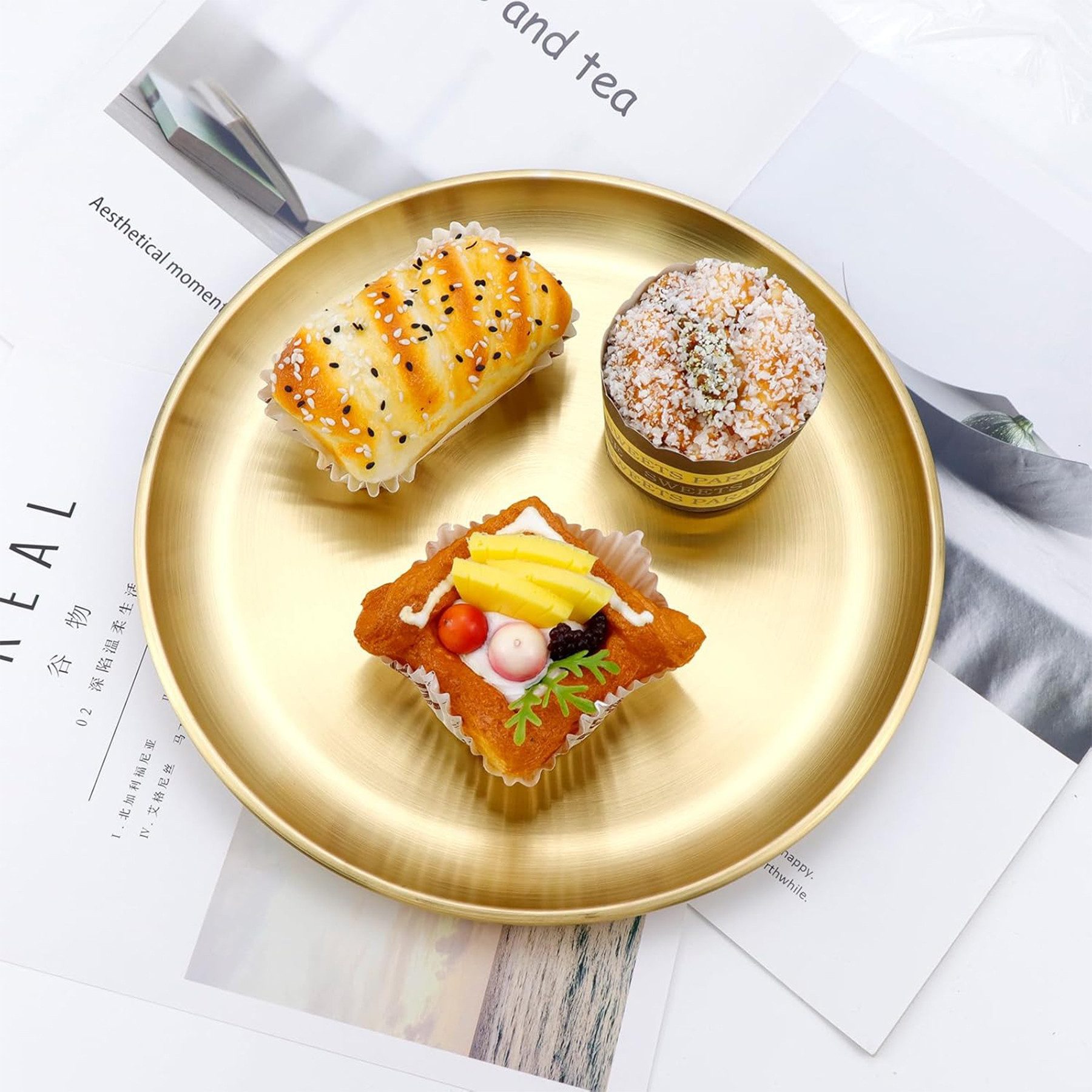 Mutig Speiseteller Gold Speiseplatte,Edelstahl,rundes,Tablett,Serviertablett,20 cm, Edelstahl Teller,für Küche Party Camping Weihnachten Restaurant