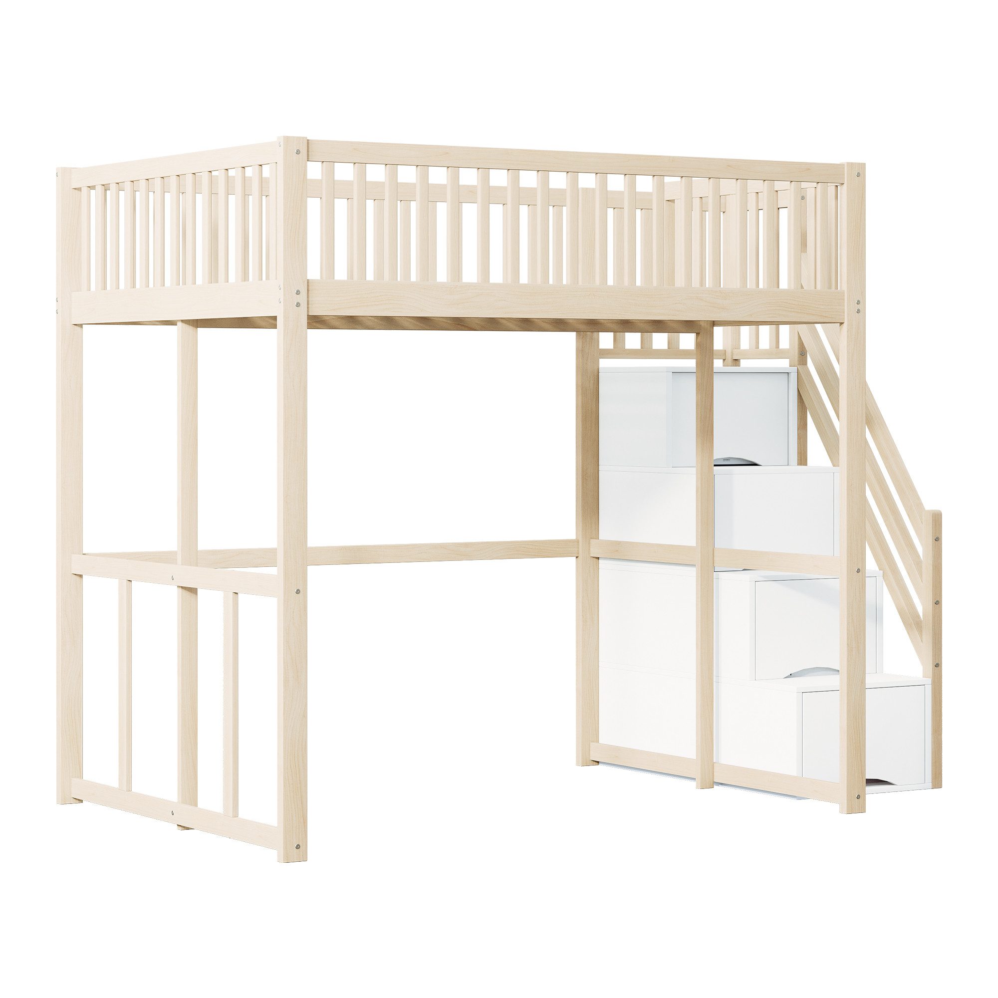 Odikalo Hochbett Hochbett mit Stauraum & Treppe, Weißes Holzbett aus Massiver Kiefer (Hochbett 140x200 / 90x200 cm mit Sicherheitsaufbewahrungsleiter, Sicherhei – Bild 5 von 5