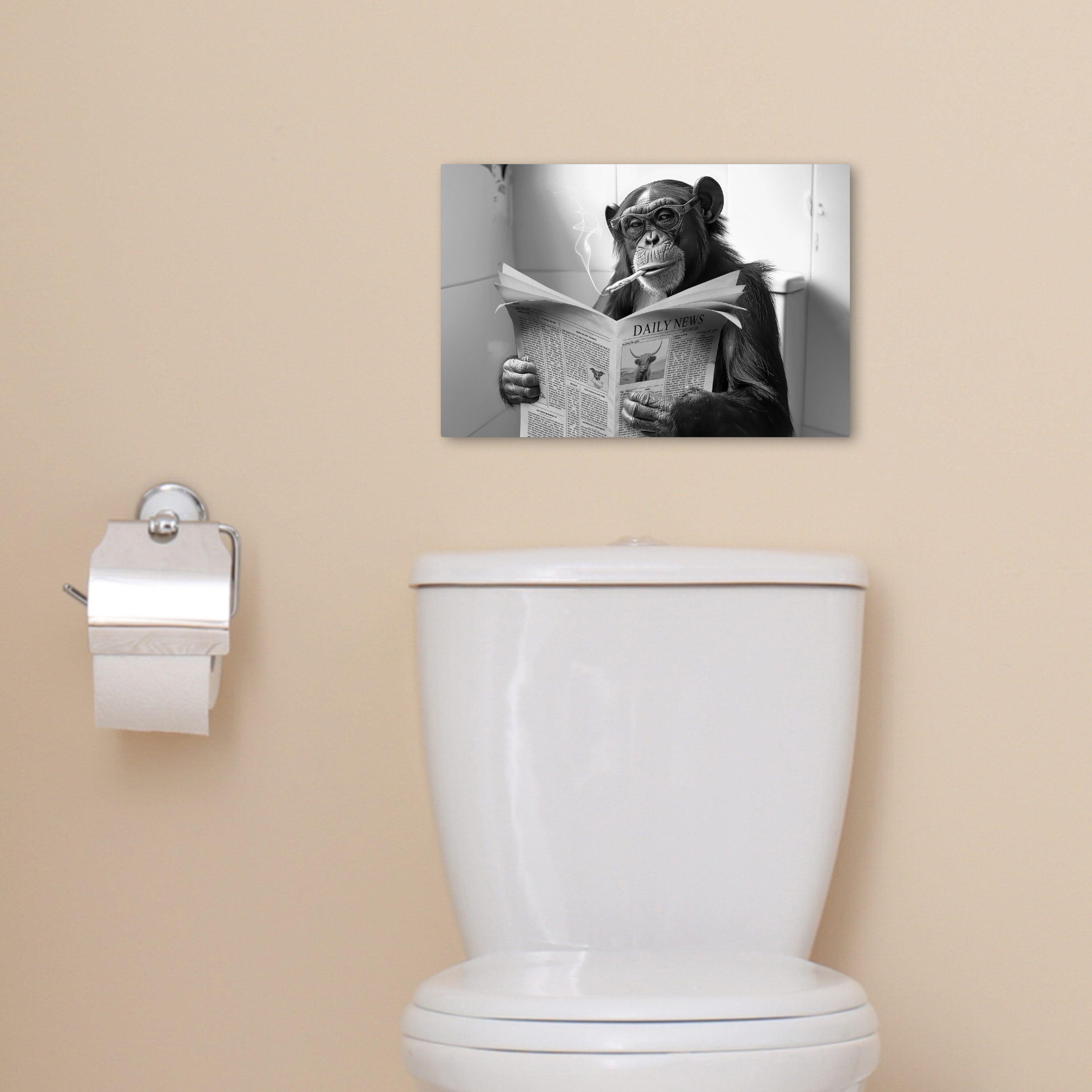 OneMillionCanvasses® Leinwandbild Schimpanse - Affe - Zeitung - Toilette - Humor, Fotodruck (1 St), Bilder für Badezimmer, Bad und Toiletten Deko, Bild WC 30x20 – Bild 5 von 5