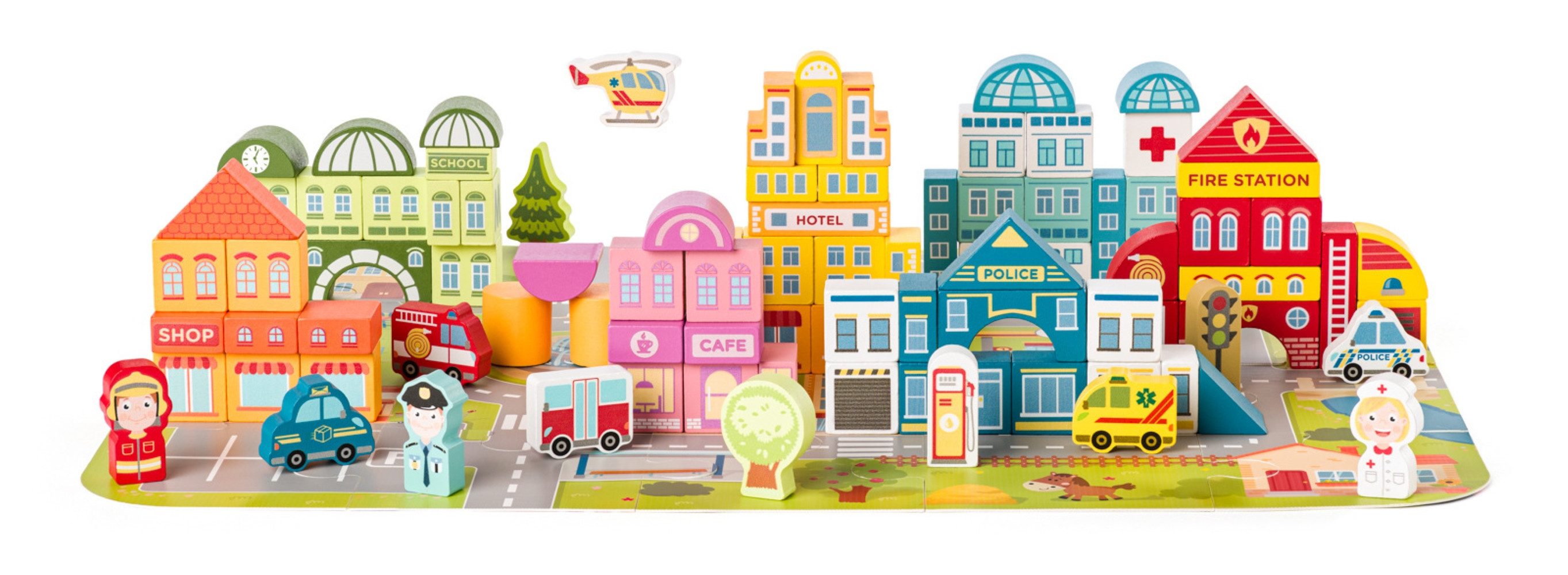 Woodyland Holzbausteine in diversen Formen / Farben + Puzzlespielmatte. 115 tlg Spielbausteine, Großes buntes Holzspielset für viel Kreativität und langen Spielspaß