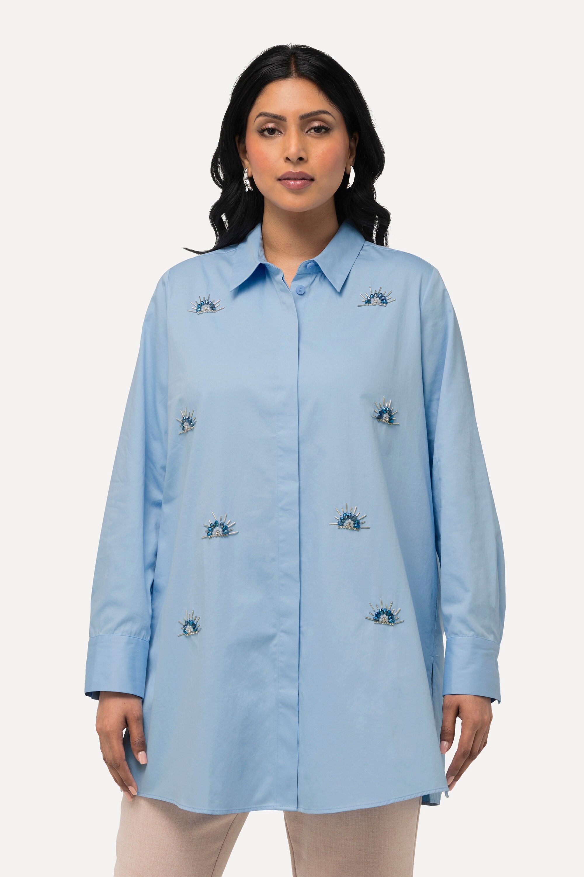 Hemdbluse Hemdbluse Stickerei Perlen Hemdkragen Langarm