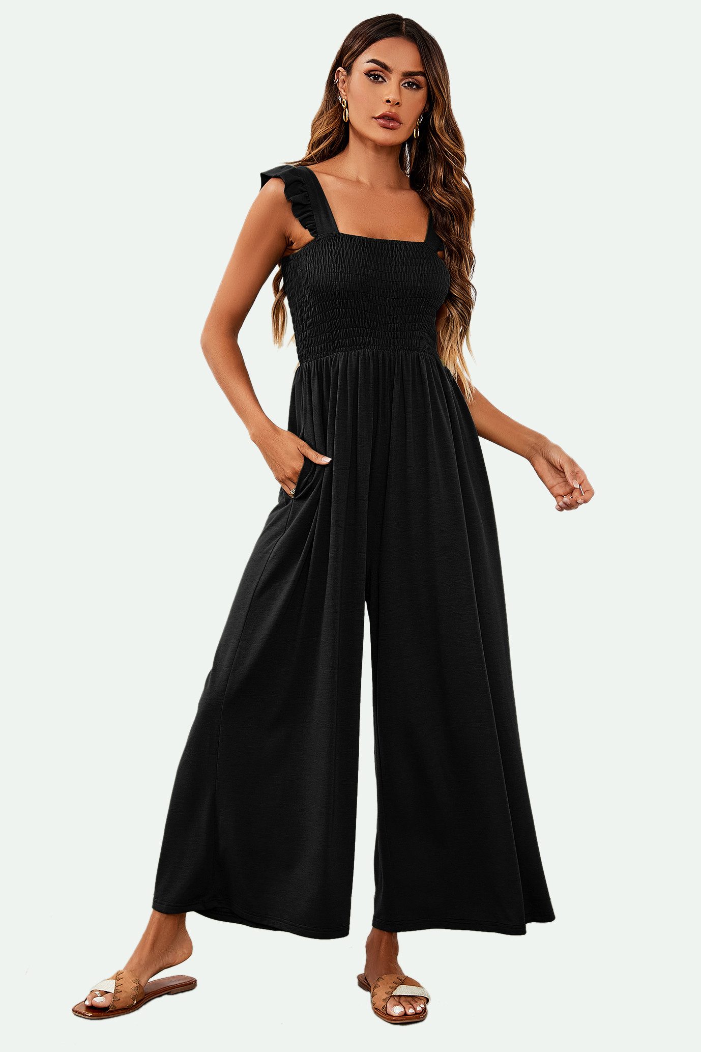 FS Collection Jumpsuit Damen Jumpsuit Stretch mit Smokdetails & weitem Bein - Trendy (Einheitsgröße: XS (EU:36 / UK:8) · S (EU:38 / UK:10) · M (EU:40 / UK:12) · L (EU:42 / UK:14) · XL (EU:44 / UK:16), 2 Farben: Olivgrün und Schwarz) 95% Polyester, 5% Elastane – weicher Jersey, elastisch, formstabil
