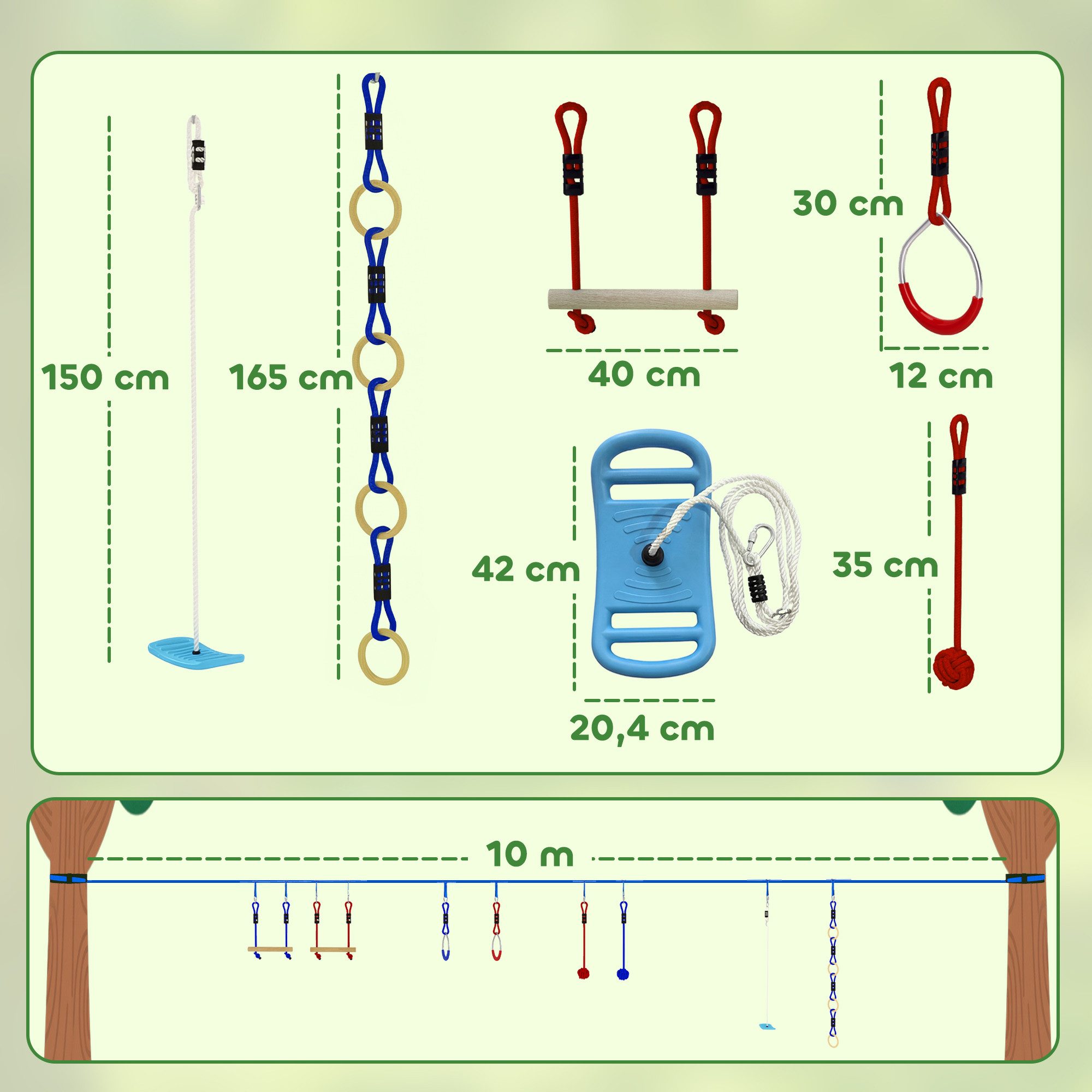 AIYAPLAY Slackline 9-teiliges Slackline-Set mit 2 Turnringe, Schaukel, 2 Kletterstange, für 3-8 Jahre Kinder, Mehrfarbig