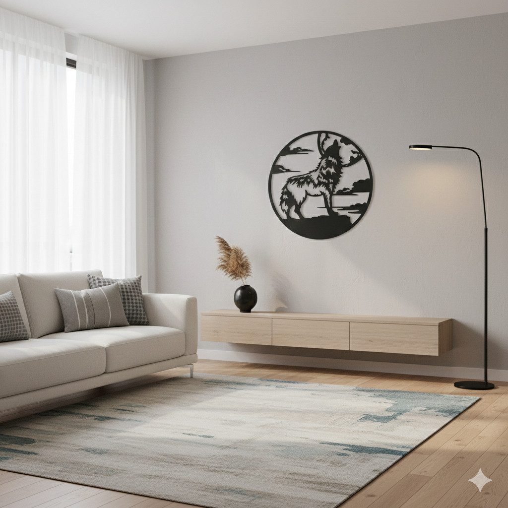 Jungengel Wandbild Wolf Wanddekoration Modern Holz Nachtwolf Wolfsmotiv, (Einzelartikel, 1 St), 37x37cm, Rund, Schwarz, 6mm Dick, Modernes Wolfsmotiv, 3D-Optik