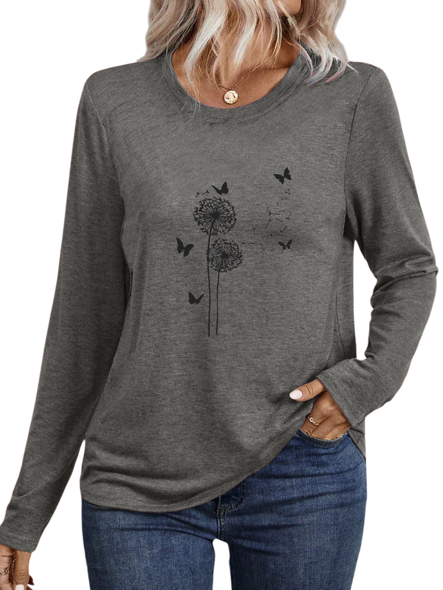 PYLIKE Langarmshirt Damen Rundhalsausschnitt Longsleeve mit Löwenzahn Print-Shirt Geeignet für den täglichen Gebrauch im Büro und zu Hause