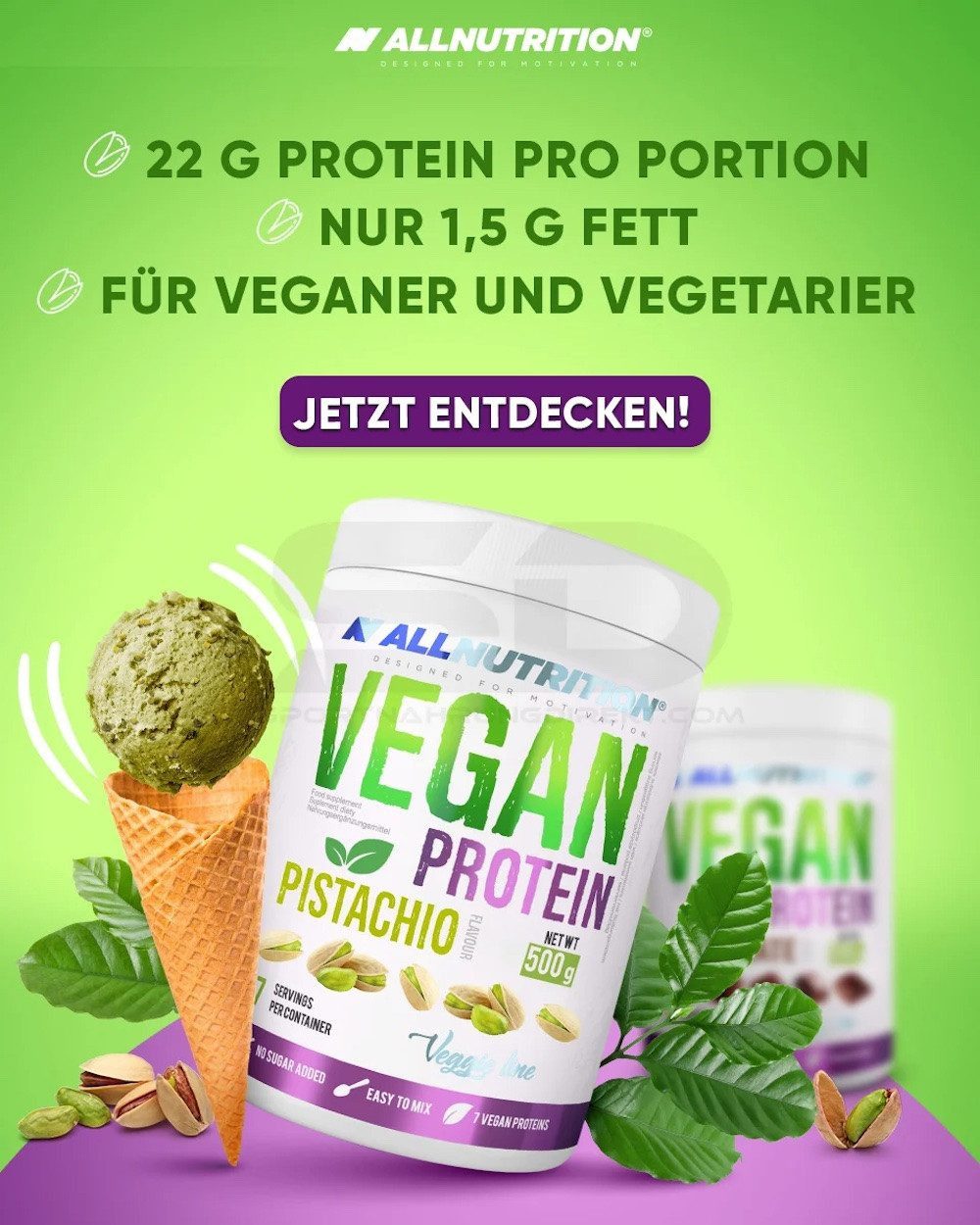 ALL NUTRITION VEGAN PROTEIN EIWEIß Whey Pulver (500g), Pistachio Pulver, 1 er Dose à 1,00 St., 500 g, Hoher Proteingehalt, Frei von tierischen Inhaltsstoffen