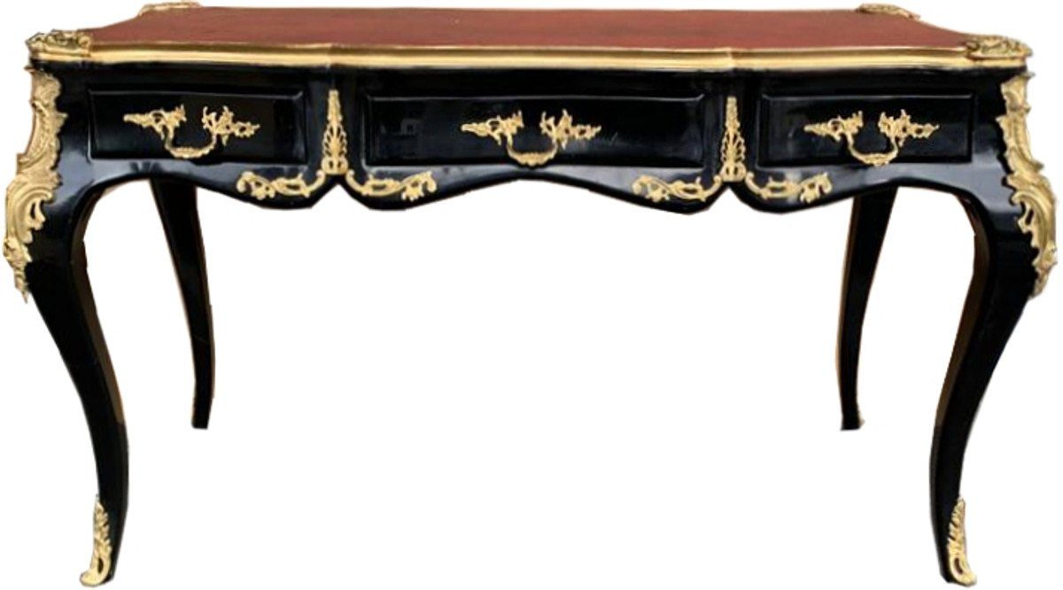 Casa Padrino Schreibtisch Luxus Barock Schreibtisch mit 3 Schubladen und massiven Metallapplikation Schwarz / Gold / Bordeaux 141 cm - Barock Sekretär