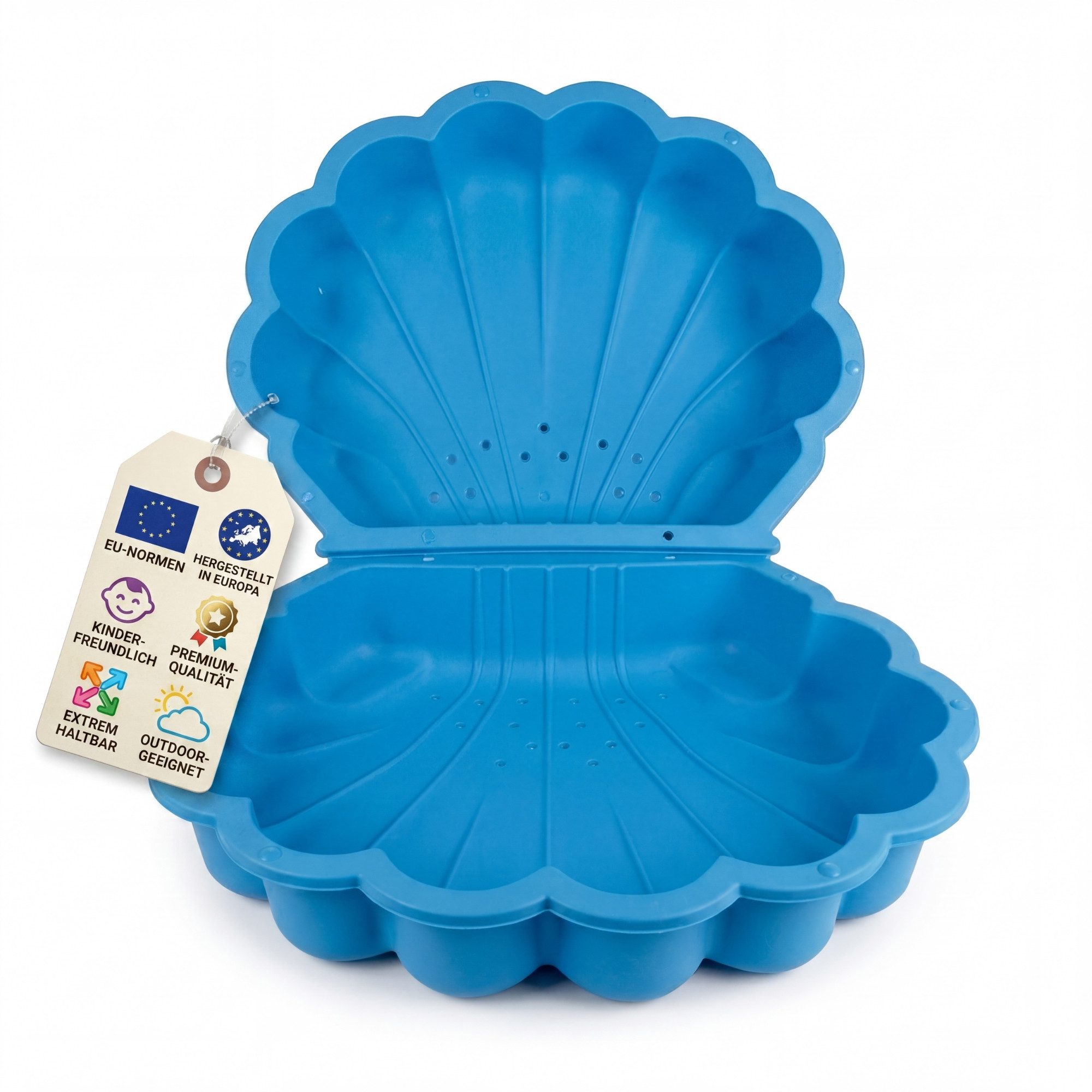 BigDean Sandkasten XXL Wassermuschel Sandmuschel 2-teilig aus Kunststoff mit Deckel Blau, (Packung, 2-tlg., Mit Muscheldeckel), Robust, Wetterfest, UV-beständig