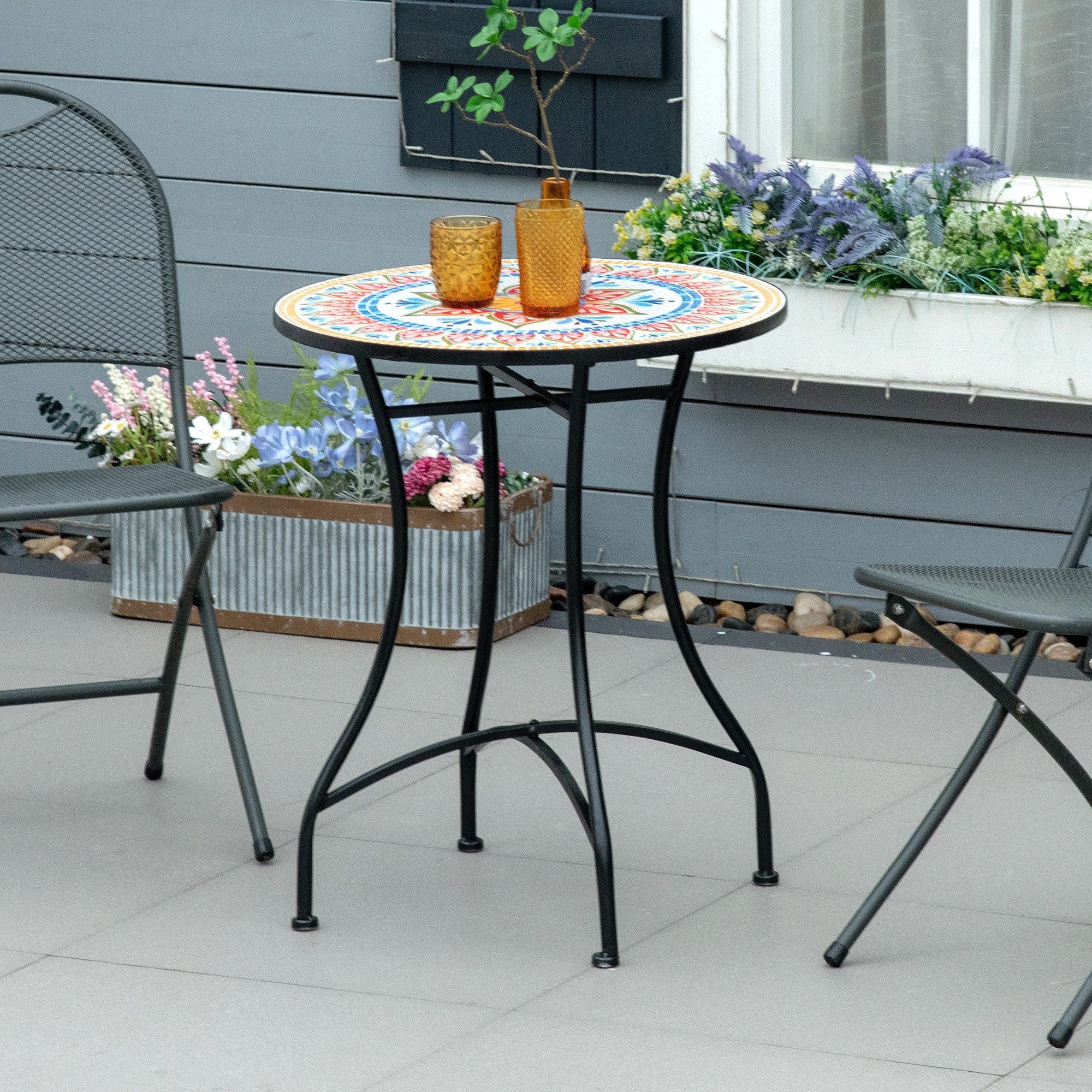 Outsunny Beistelltisch Gartentisch Ø60 cm, Wetterfest Balkontisch aus Metall (Bistrotisch, 1-St., Mosaiktisch), für Garten, Balkon, Rot+Blau+Weiß