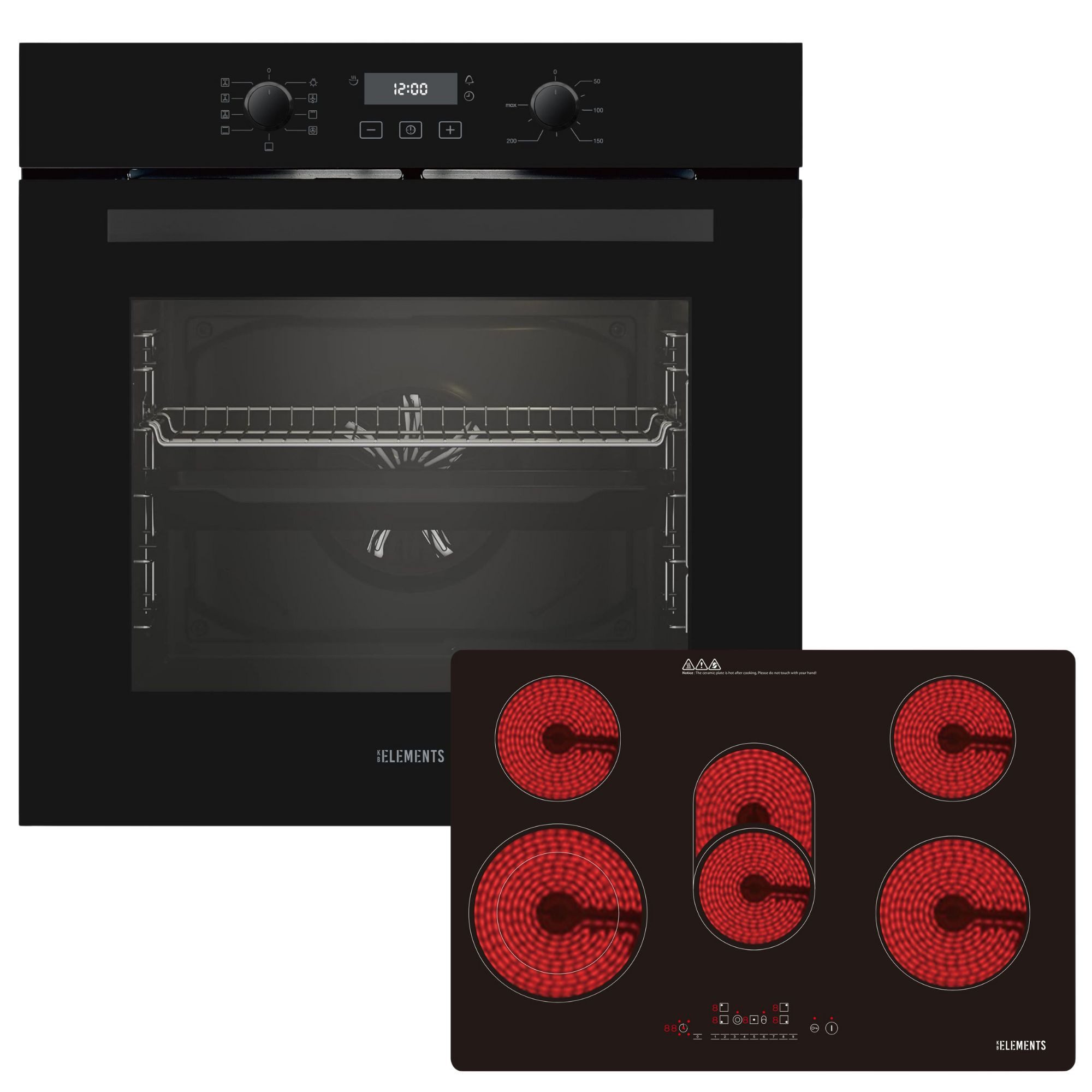 KB Elements Elektro-Herd-Set Einbaubackofen 60 cm mit 5-Zonen Glaskeramik Kochfeld 77 cm, Aqua Clean, Circle Fan Heater, Wide-Screen-Window