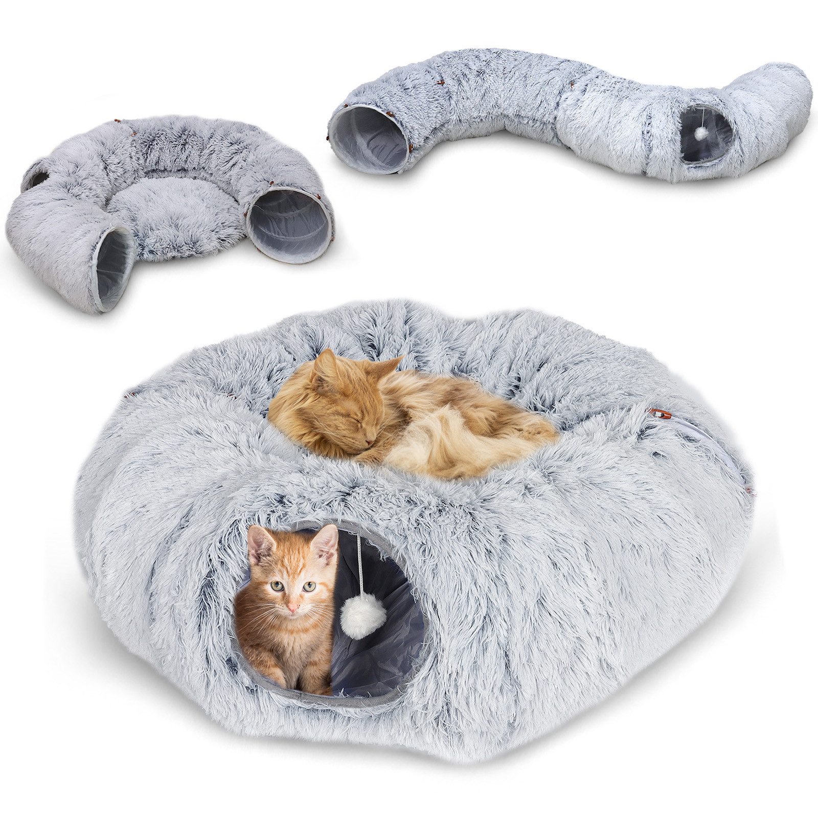 CALIYO Tiertunnel Katzentunnel 180 CM Tierbett Rund Mit Schlafplatz, Katzentunnel XXL, Für Katzen, mit faltbarem Rohr, abnehmbarer Matte …