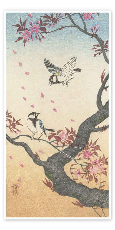 Posterlounge Poster Ohara Koson, Zwei Kohlmeisen an blühendem Baum, ca. 1925, Malerei