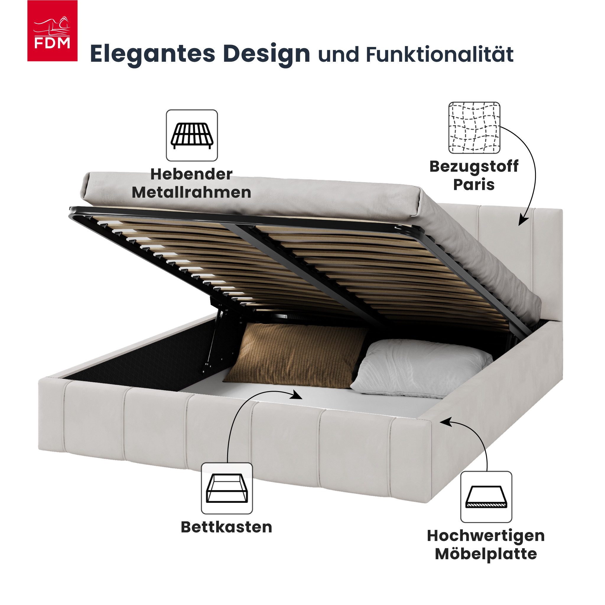 FDM Polsterbett FLORIDA Paris Bettgestell 90x200, 120x200, 140x200, 160x200, 180x200cm (verfügbar 90x200 120x200 140x200 160x200 180x200cm, Bettrahmen, Bett, mit großen gepolsterten Kopfteil, mit Bettkasten zum aufklappen), Hebbarer Metallrahmen, Bettkasten, mit/ohne Matratze