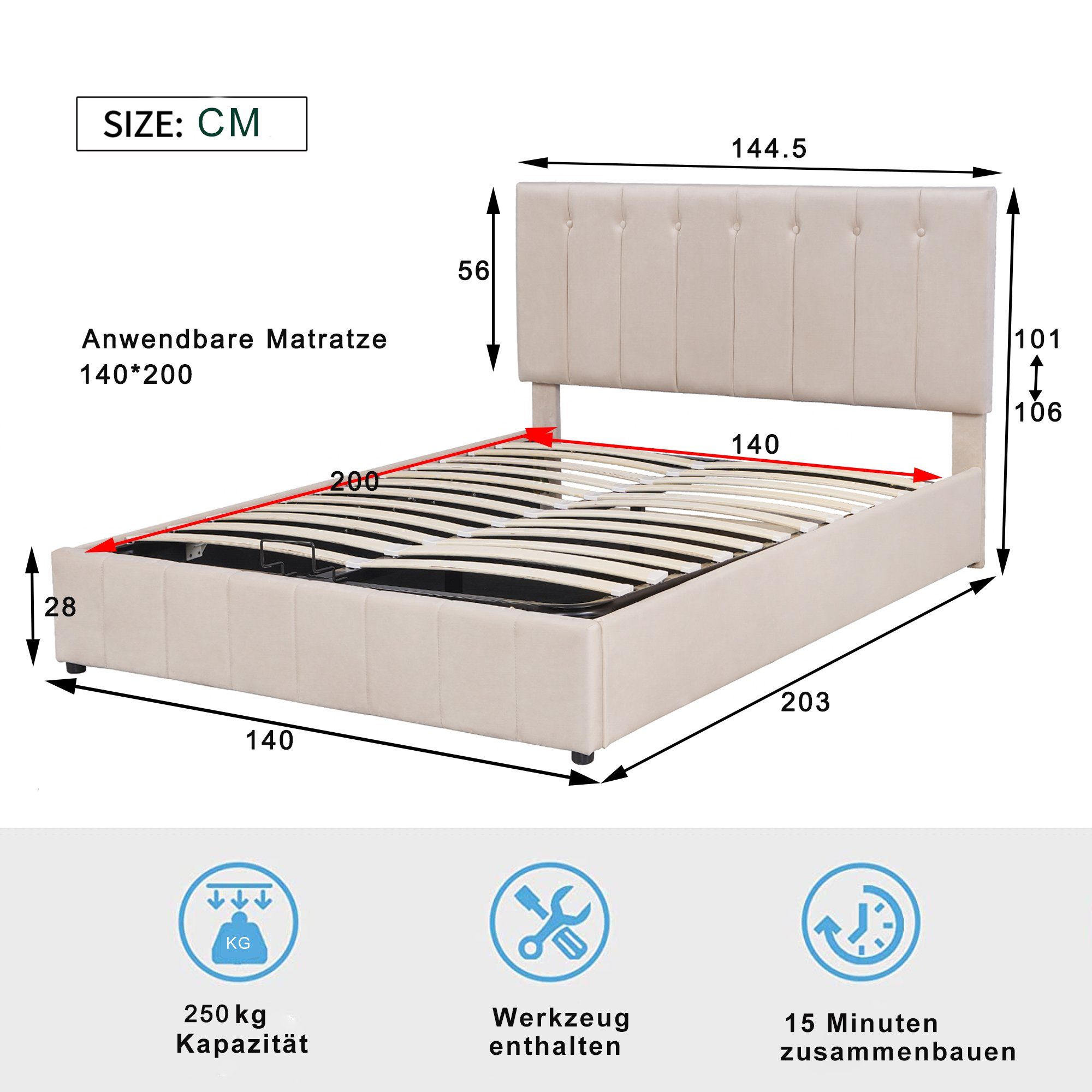 Bettkasten Lattenrost, mit Merax Beige Doppelbett Jugendbett Polsterbett 140x200cm und Samtbezug, mit Hydraulisch