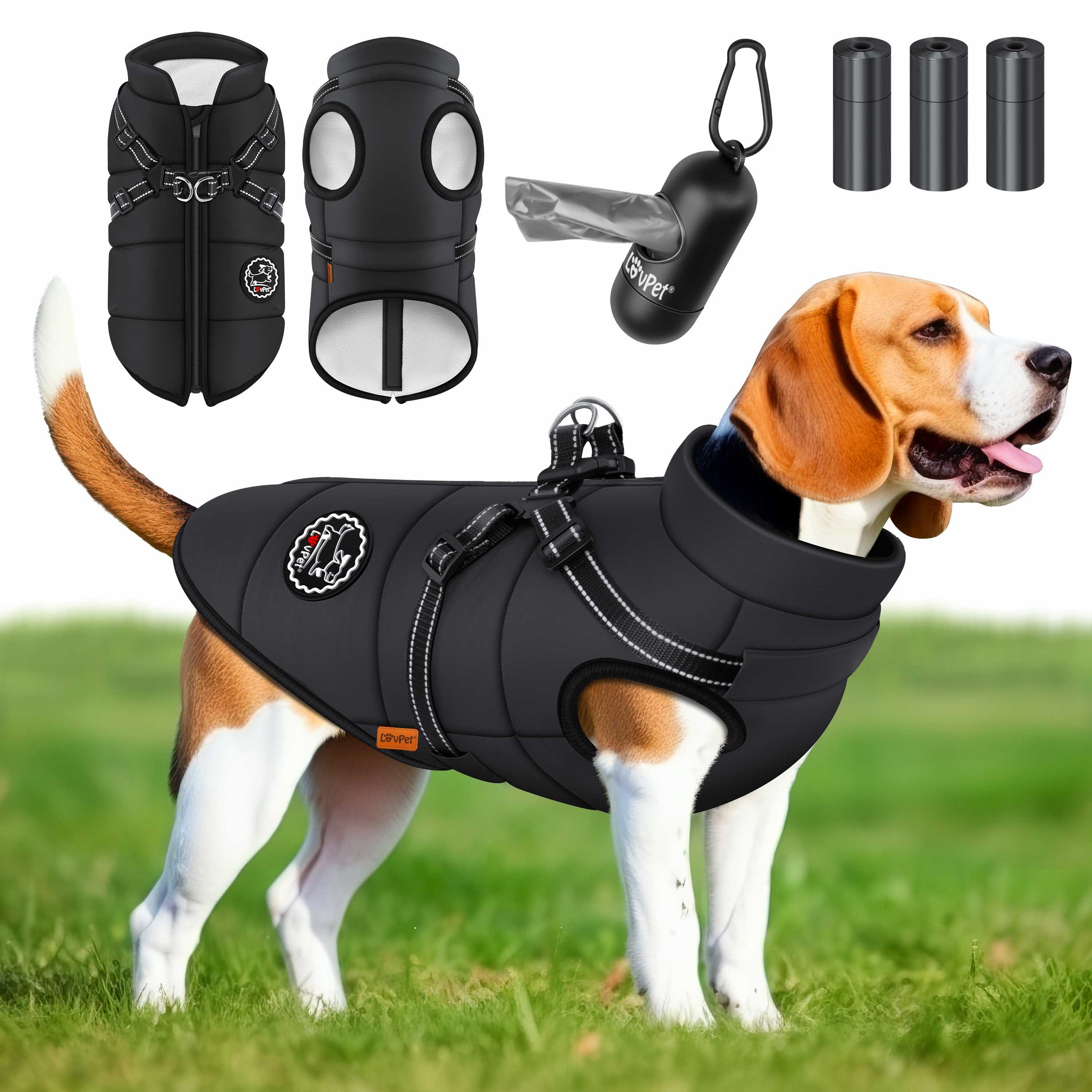 Lovpet Hundejacke, Hundemantel mit Geschirr, inkl. 45 Stück Kotbeutel +Spender