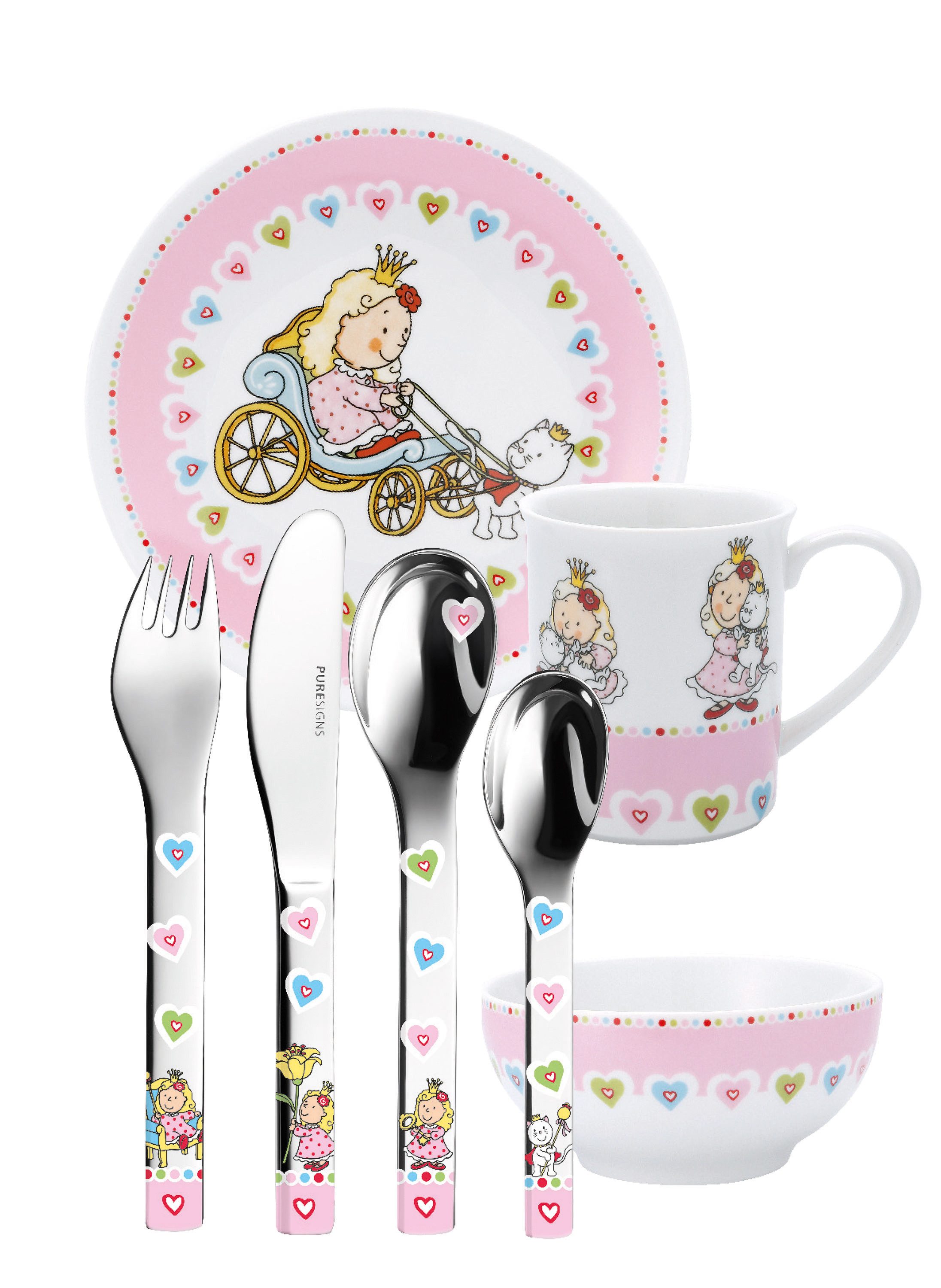 PURESIGNS Kindergeschirr-Set NELIA (7-tlg), 1 Personen, Edelstahl 18/10, Porzellan, Plastikfreier Essgenuss für die Kleinen