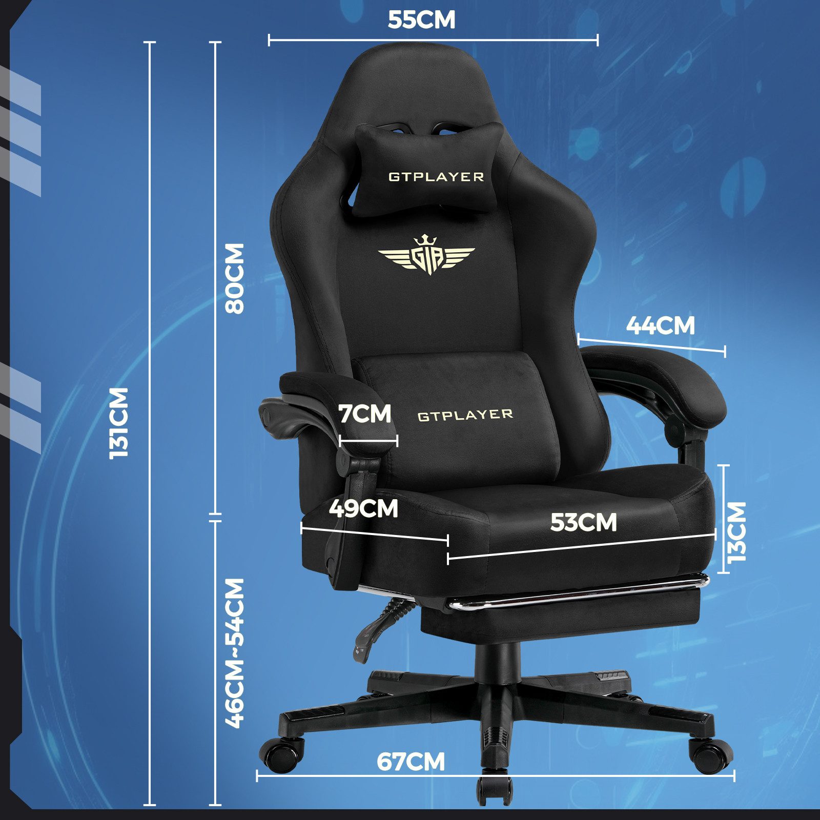 GTPLAYER Gaming-Stuhl Atmungsaktiver Bürostuhl, bürostuhl ergonomisch Hochwertiger - Stoff, 160° Verstellbare Rückenlehne und ausziehbare Fußstütze