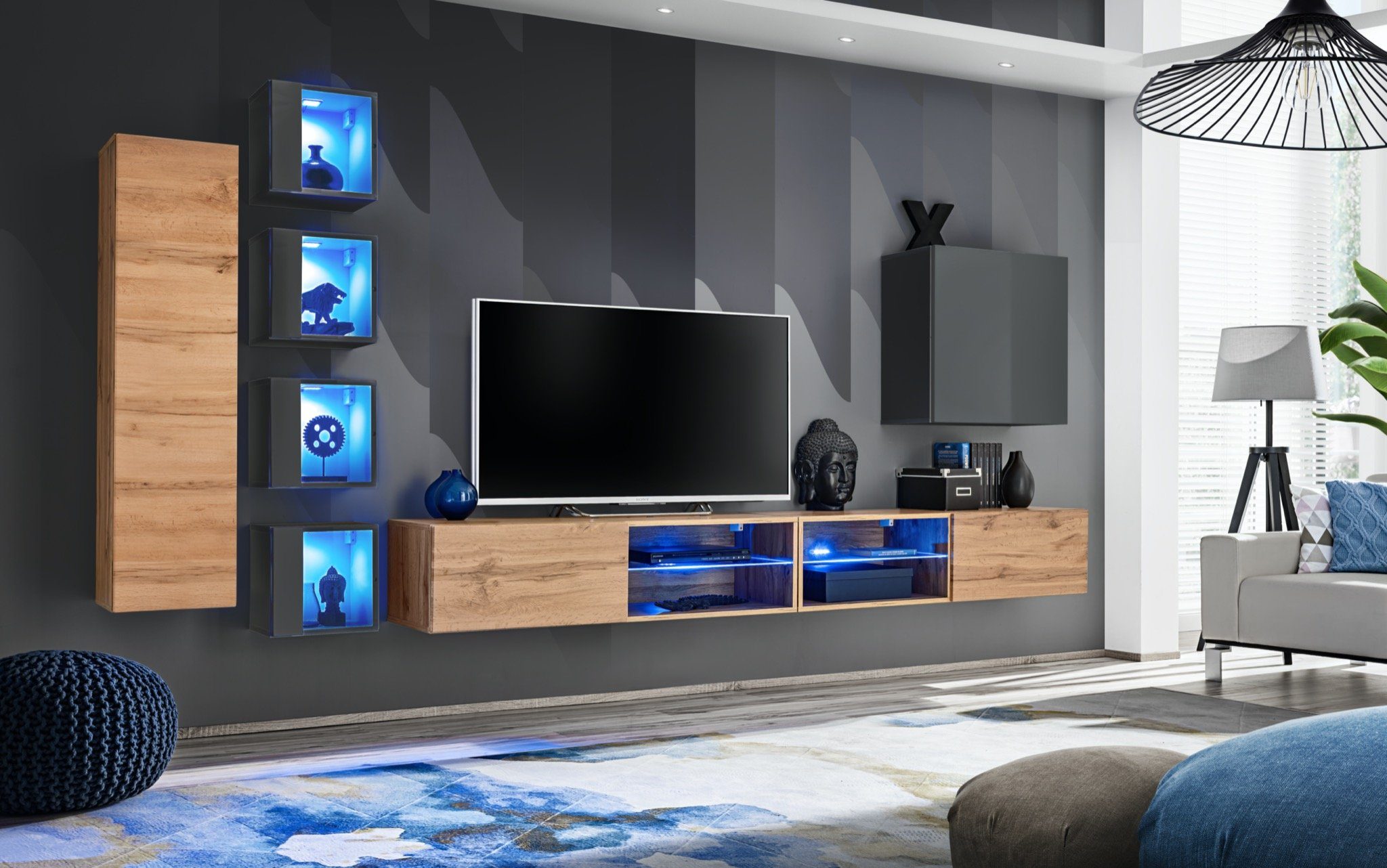 JVmoebel Wohnwand Set Wohnwand 320 cm Wandschrank TV-Ständer Modern Wohnzimmermöbel, (8-St., 2x TV Ständer + 6x Wandschrank), LED beleuchtet
