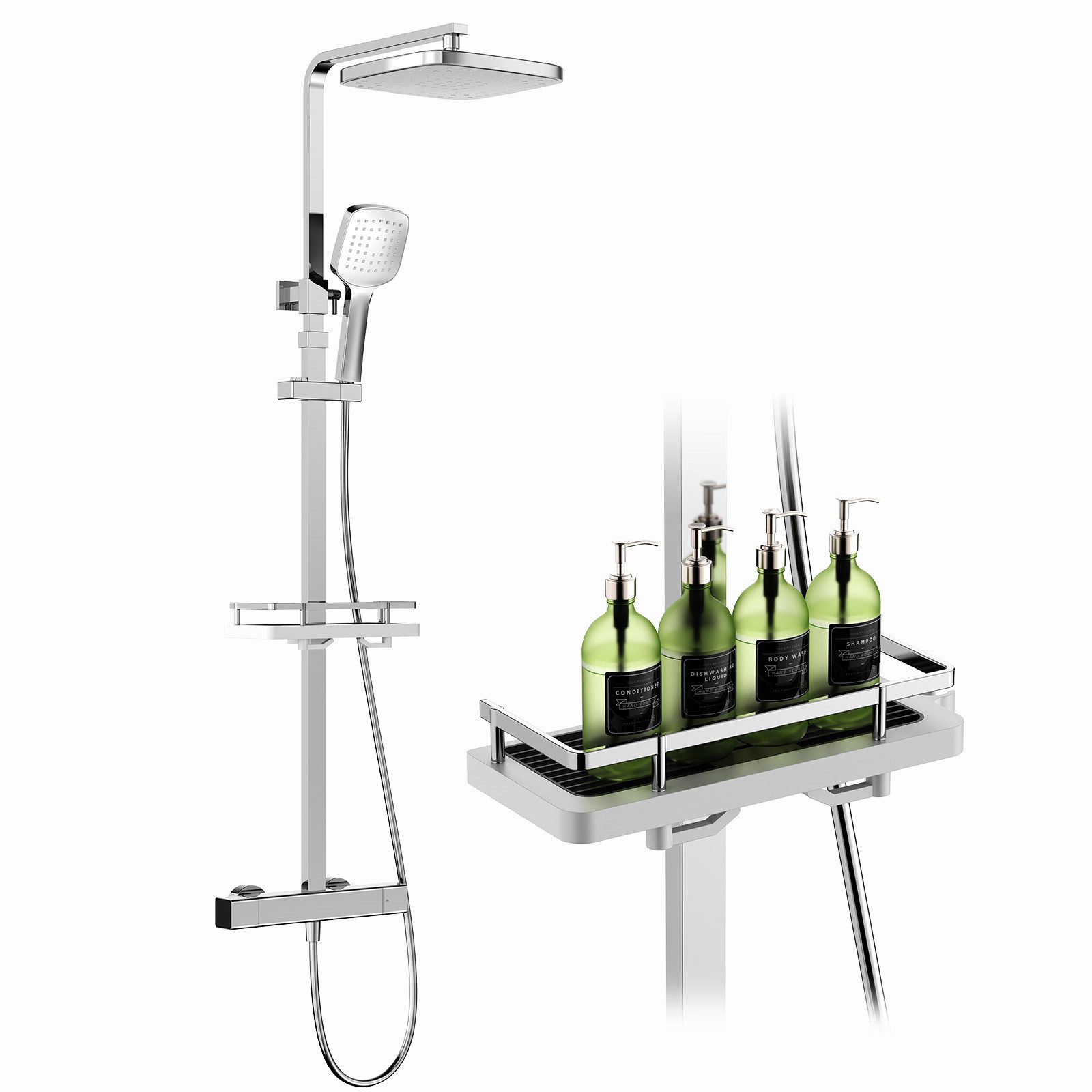 HOMELODY Duschsystem mit Thermostat & Duschablage- Duscharmatur Komplettset, 2 Strahlart(en), Hand- & Kopfbrause, höhenverstellbar, 38 °C Sicherheitssperre
