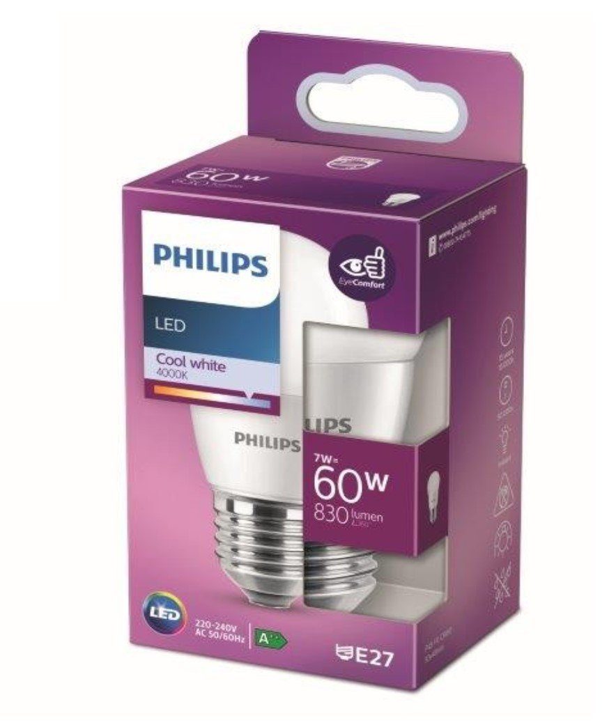 Philips LED-Leuchtmittel Tropfenform 4000K, LED 830lm E27, = Philips 7W P48 E27 Katlweiß Kaltweiß 60W