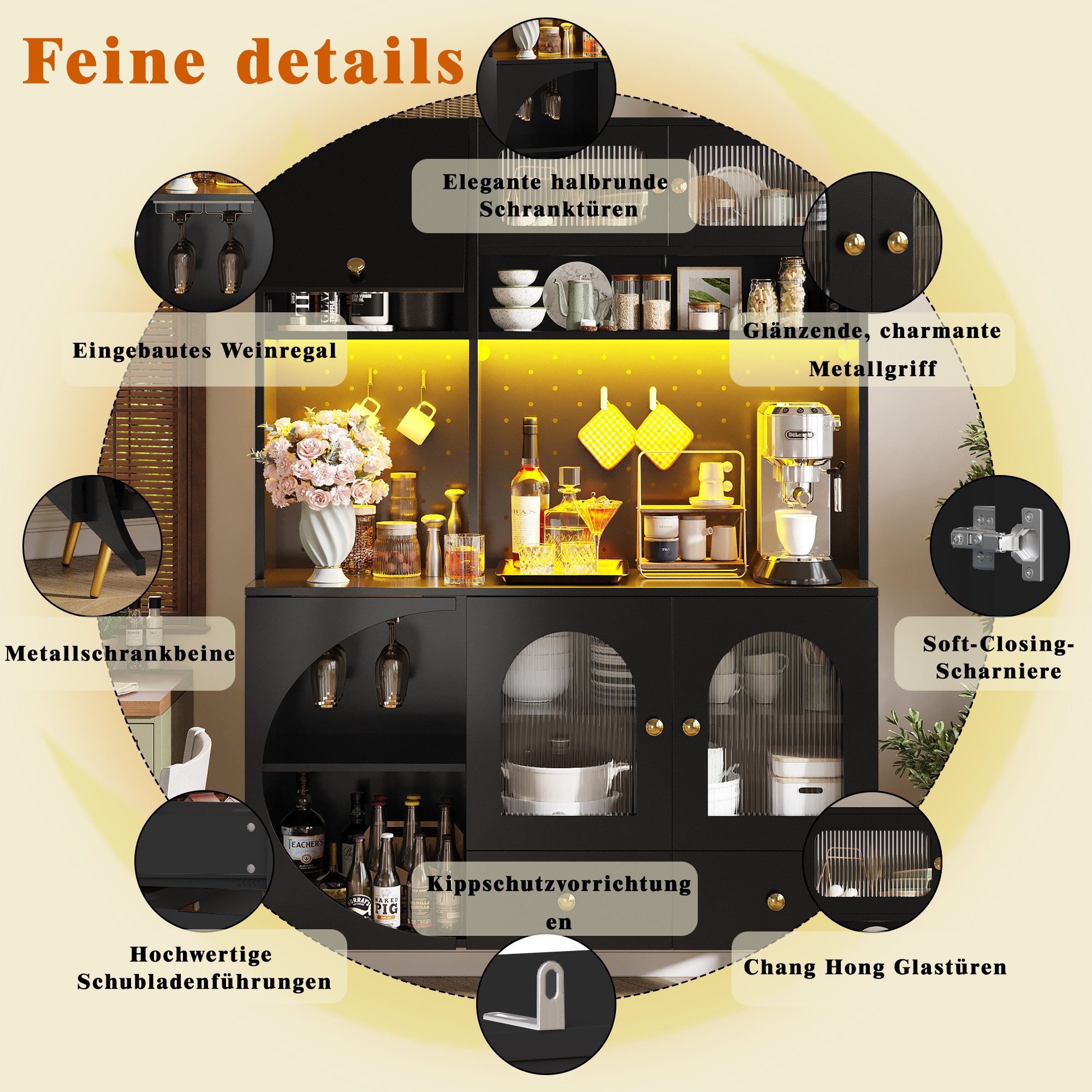 Celya Hochschrank mit LED-Beleuchtung, USB-Anschlüssen und Steckdosen (120×40×176cm, mit Lochwand und Schublade) für Küche, Esszimmer oder Wohnzimmer