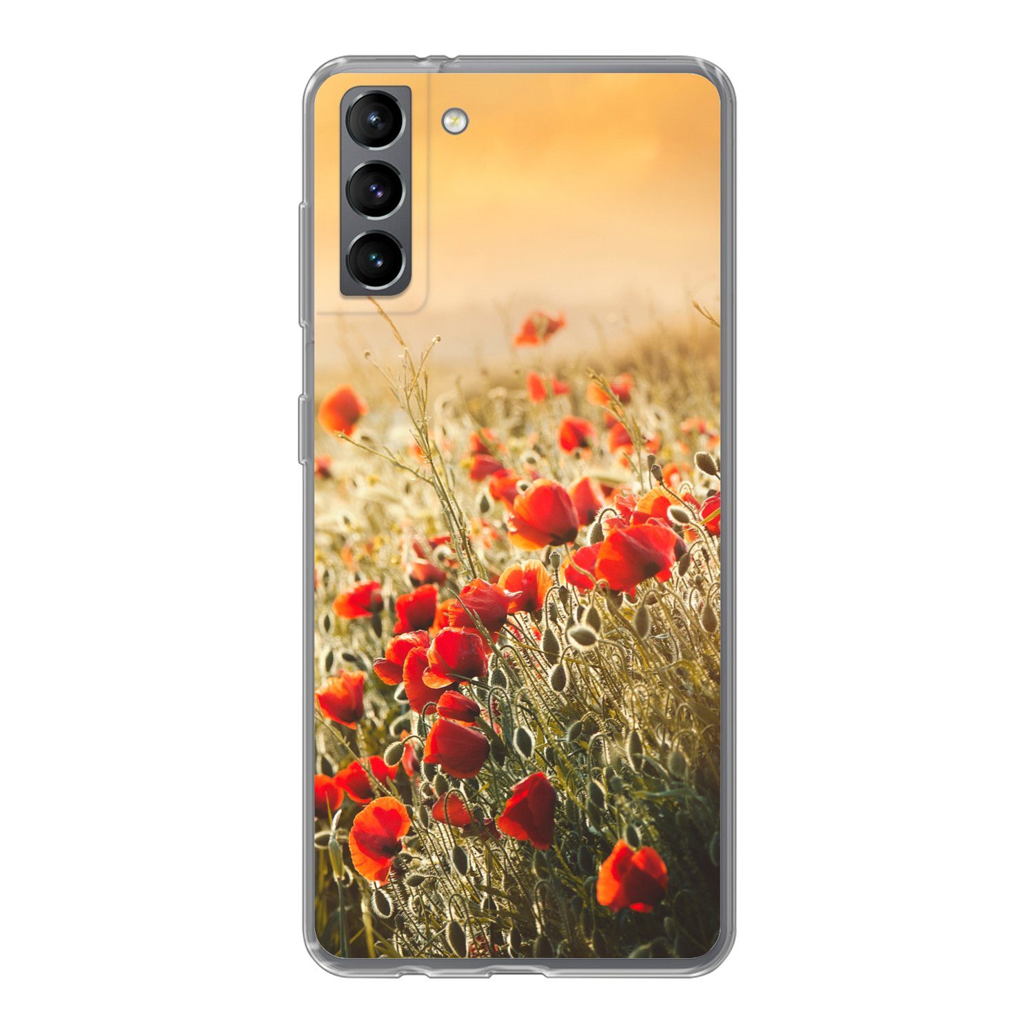 MuchoWow Handyhülle für Samsung Galaxy S21 Plus Sonnenstrahlen über einem Mohnblumenstrauß, Phone Case, Silikon, Schutzhülle Dünn