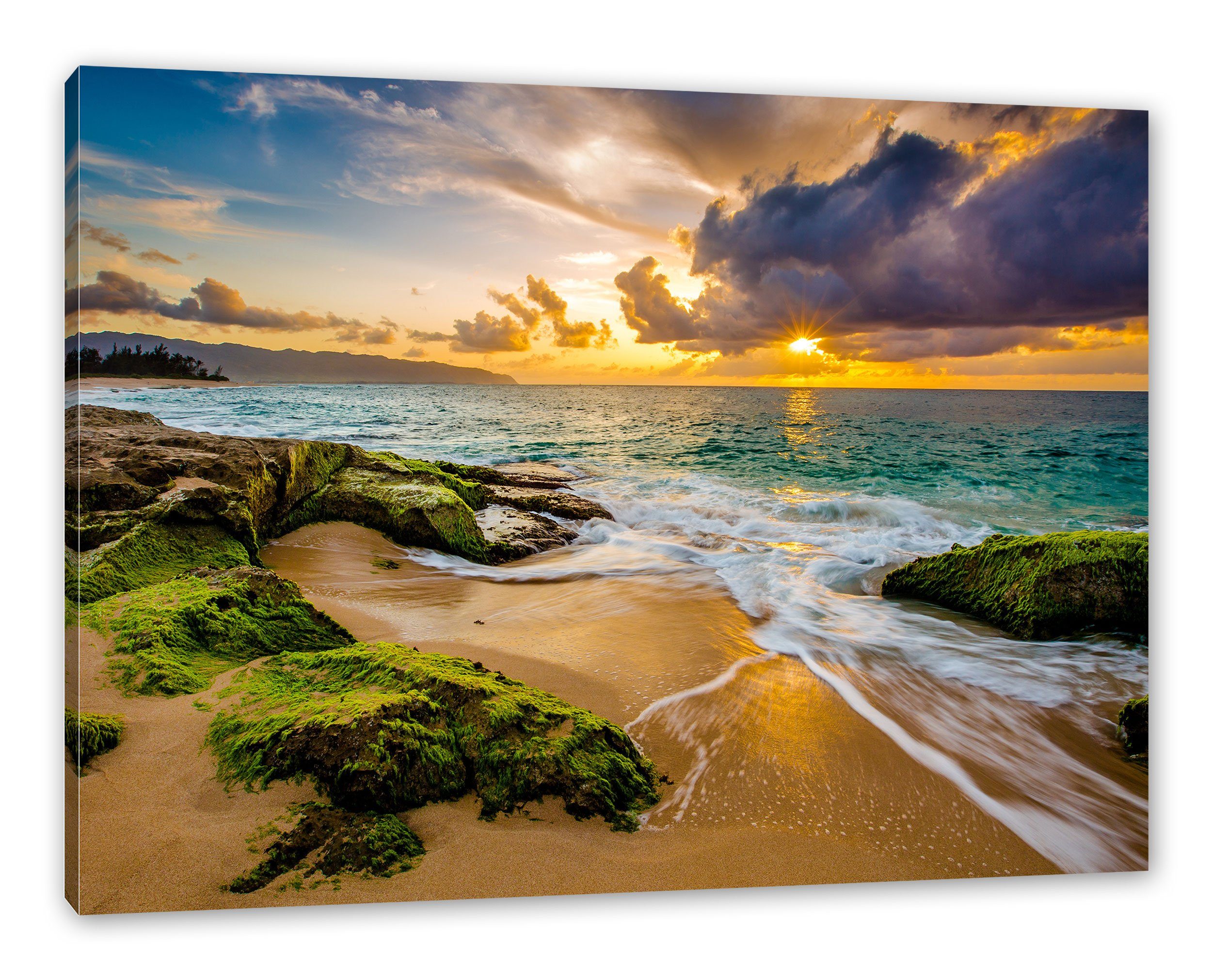 Pixxprint Leinwandbild Sonnenuntergang auf (1 inkl. auf Sonnenuntergang Zackenaufhänger fertig Hawaii bespannt, St), Leinwandbild Hawaii