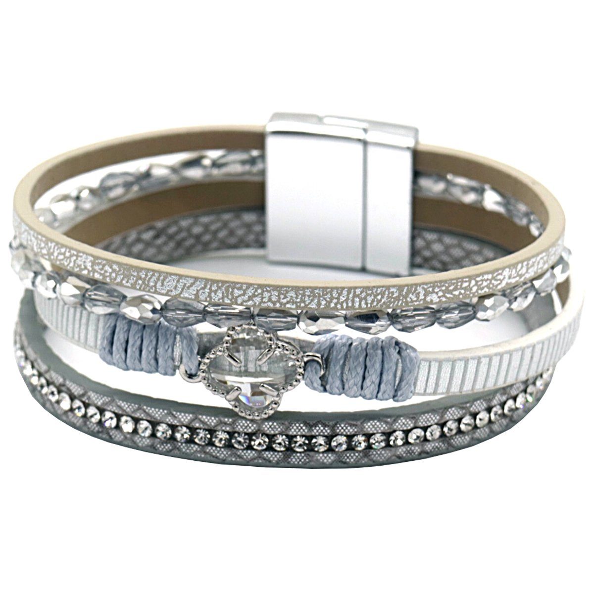 KARMA Lederarmband Damenarmband Leder grau mit Kristallen (Damenschmuck Armband Kristalle), Leder grau Geschenk für Sie