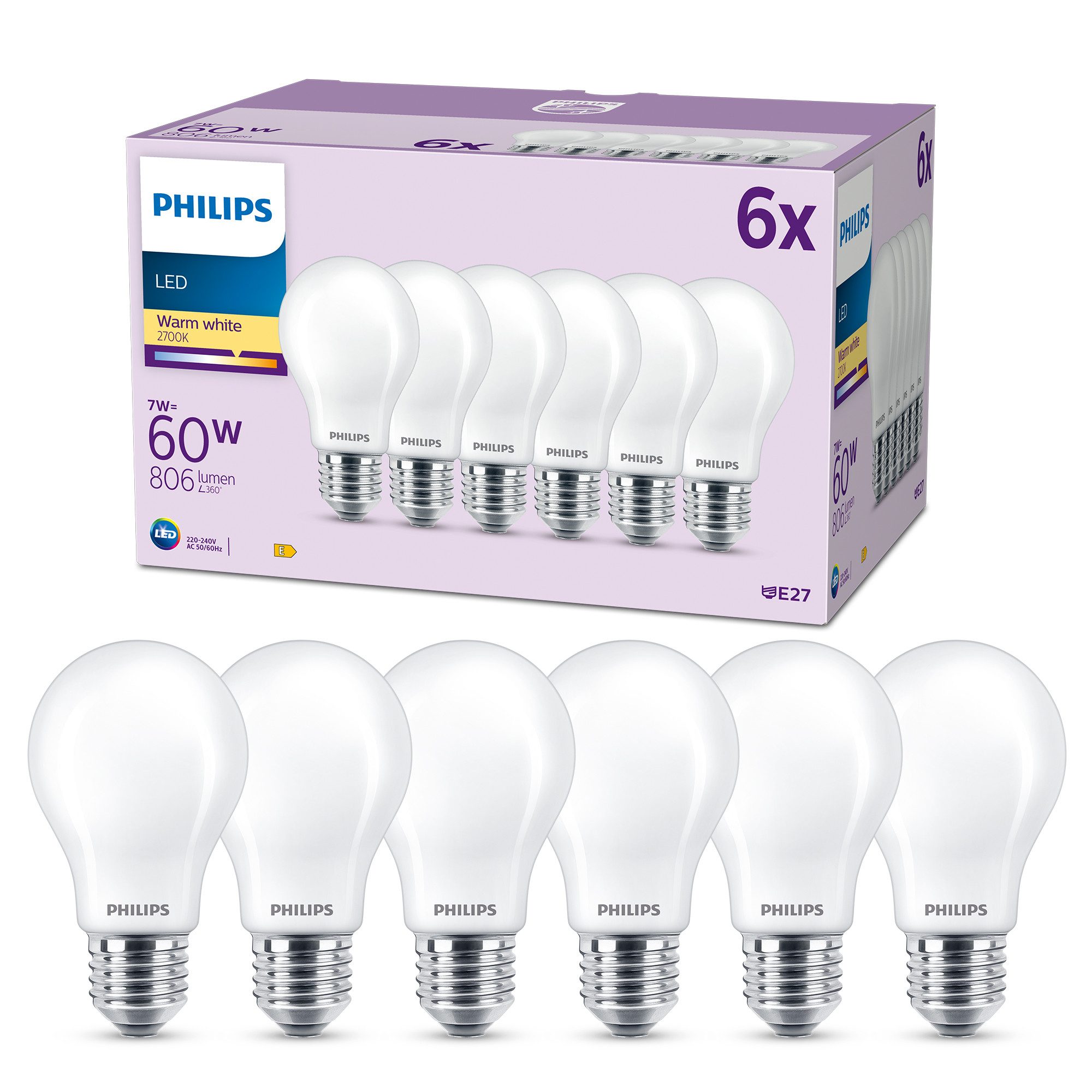 Philips LED-Leuchtmittel Classic 60W Non-Dim, E27, 6 St., Warmweiß