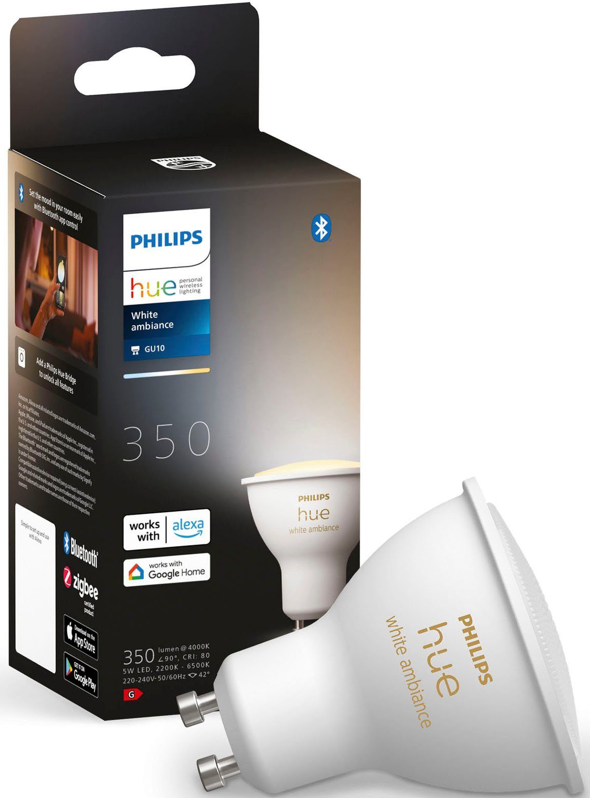 GU10, Philips - 230lm!, 1 GU10 warmweiß bis tageslichtweiß LED-Leuchtmittel White Ambiance Warmweiß, CCT-Farbtemperatursteuerung Hue Einzelpack St.,