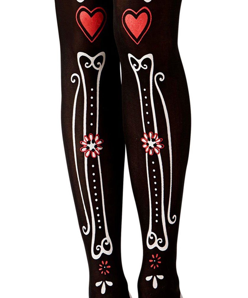 Karneval-Klamotten Kostüm La Catrina Strumpfhose Damen Knochen XL, Dia de los muertos Damenstrumpfhose Tag der Toten Day of the dead