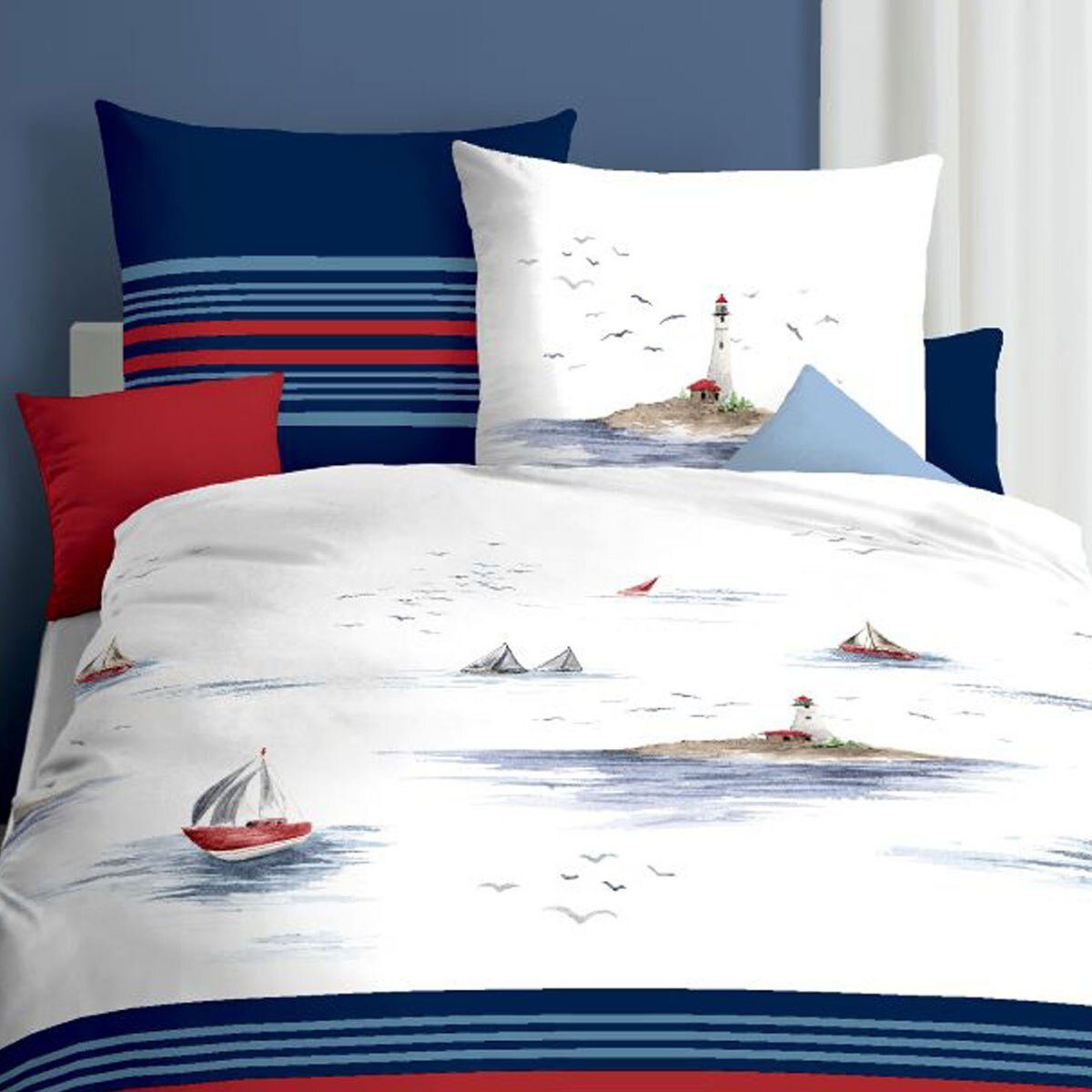 Kaeppel Bettwäsche Segelboot Leuchtturm blau, Renforce, günstig online kaufen