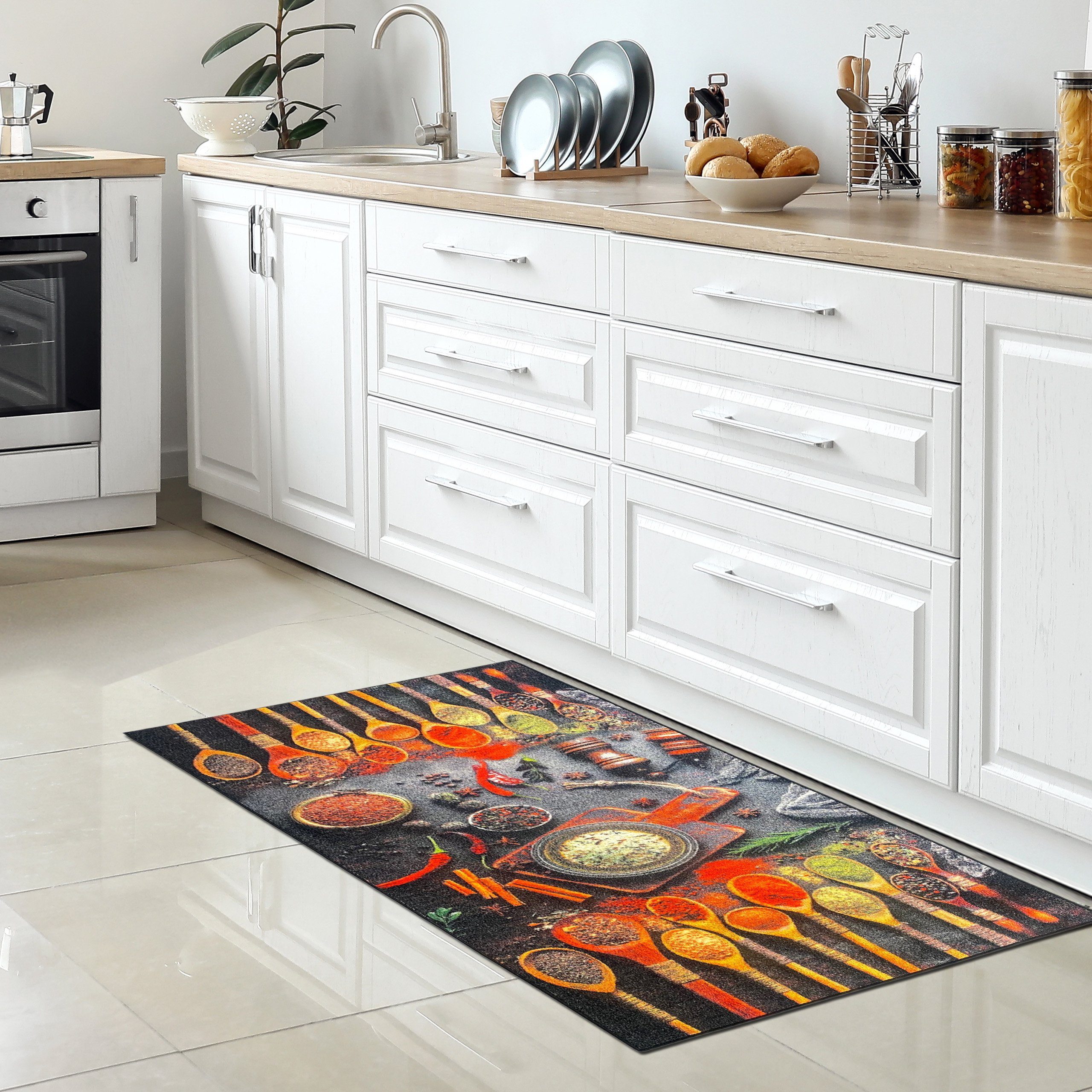 Carpetia Teppich Küchenläufer mit Gelrücken waschbar Kochlöffel und bunten günstig online kaufen