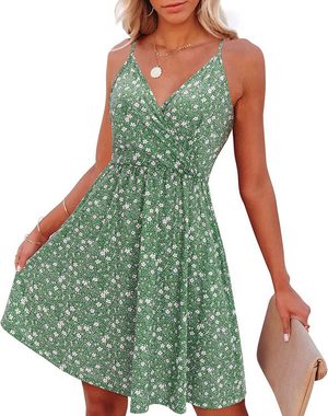 FIDDY Blusenkleid Damen Sommerkleid Spaghettiträger Kleid V-Ausschnitt Strandkleid