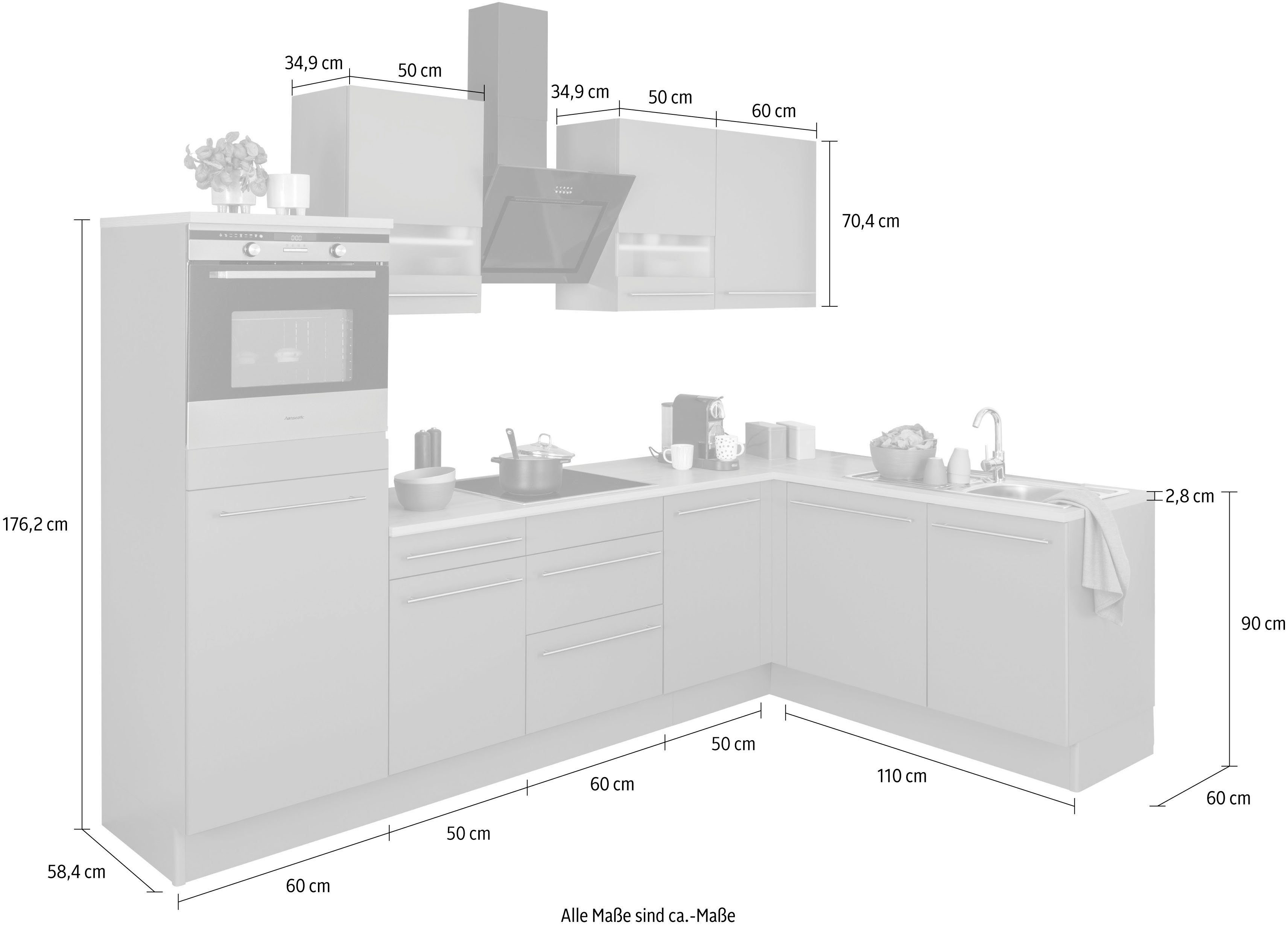 Cuisine d'angle OPTIFIT Bern avec électroménager Hanseatic, dimensions 285 x 175 cm, plaque à induction, portes à fermeture amortie