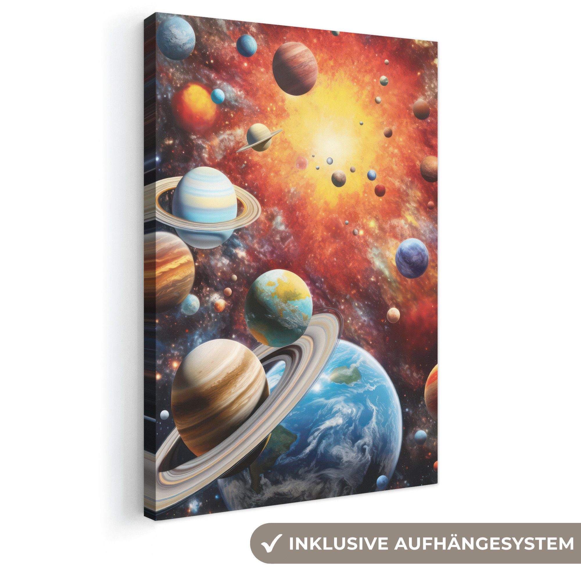 OneMillionCanvasses® Leinwandbild Planeten - Universum - Neon - Weltraum, Fotodruck (1 St), Gaming Bilder, Wandbild Gamingzimmer, Deko Wandbilder Gamer 20x30 cm