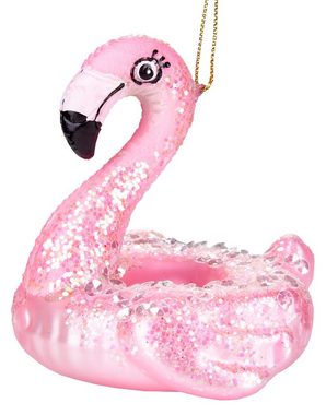 BRUBAKER Christbaumschmuck Handbemalte Weihnachtskugel Flamingo Schwimmring, eleganter Weihnachtsanhänger aus Glas, mundgeblasenes Unikat, lustige Baumkugel - 9 cm