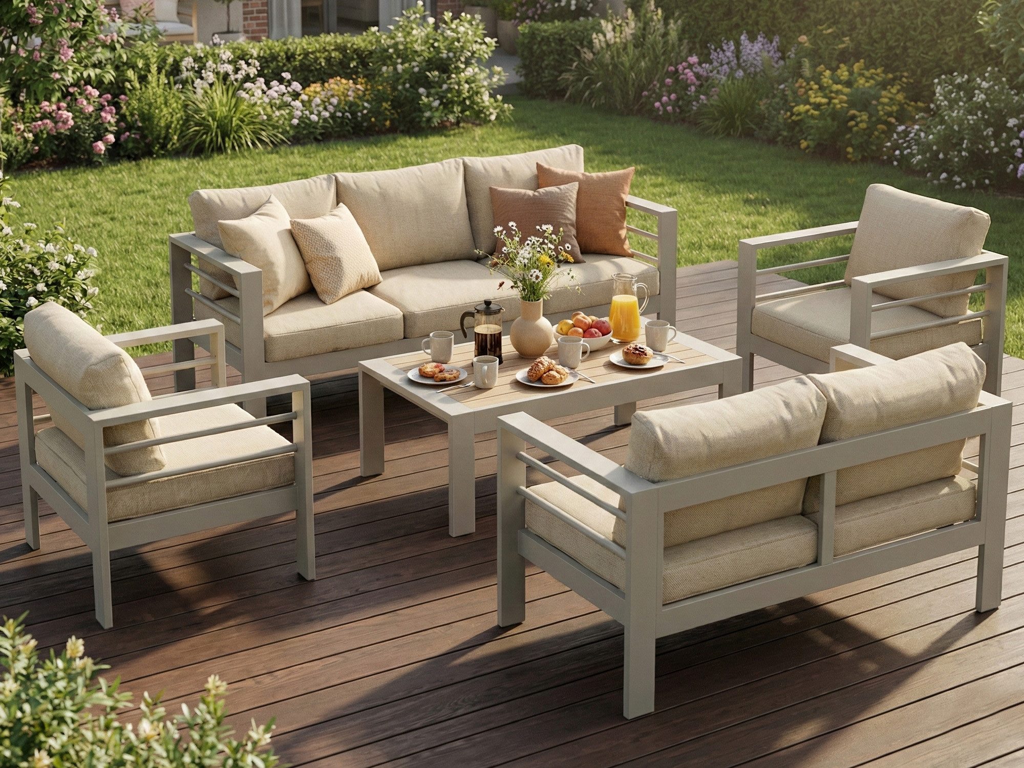 MeXo Gartenlounge-Set Gartenmöbel Set Aluminium, (12cm Deluxe Relax-Sitzkissen, 5-tlg., Belastbarkeit pro Sitzplatz 140kg), Lounge Gartenmöbelset xxl, pflegeleichte Polywood-Tischplatte