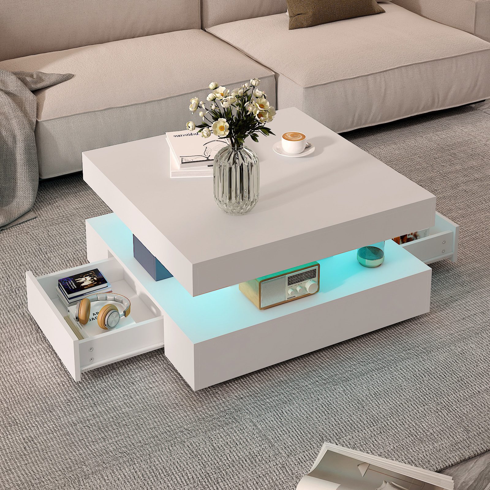 radelldar Couchtisch mit LED-Beleuchtung, 2 Schubladen und verdecktem Stauraum (1-St), Wohnzimmertisch matt 78x78x40 cm