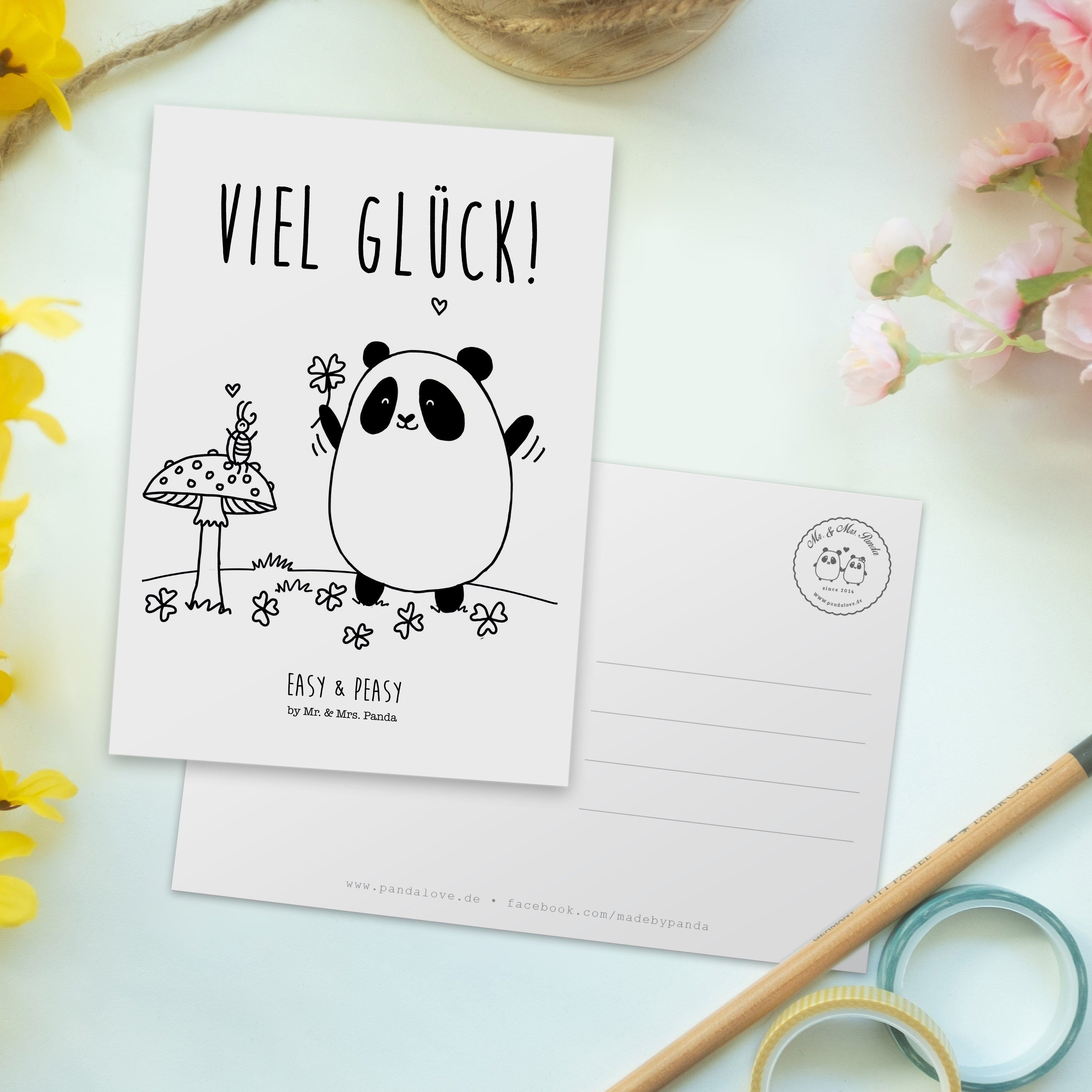 - Mr. Peasy Grußkarte, - Postkarte Glück Geschenk, & Panda Easy Karte, Weiß Mrs. & Geburtst Viel