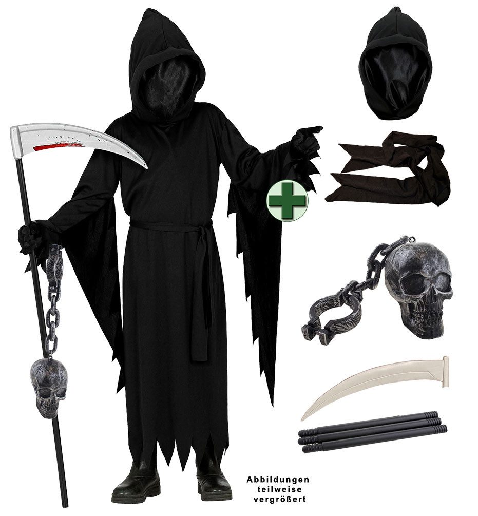 Karneval-Klamotten Kostüm Sensenmann Kinder Jungen Halloweenkostüm Umhang, Halloween Kapuzenumhang schwarz mit unsichtbarer Maske Sense Totenkopf