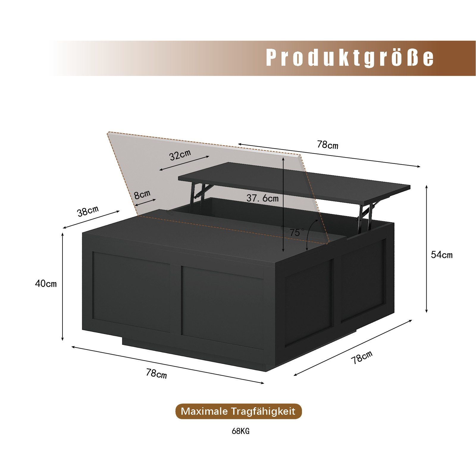 radelldar Couchtisch Wohnzimmertisch höhenverstellbar Stauraum  (40-54) x 78 x 78cm (1-St), Höhenverstellbare Tischplatte
